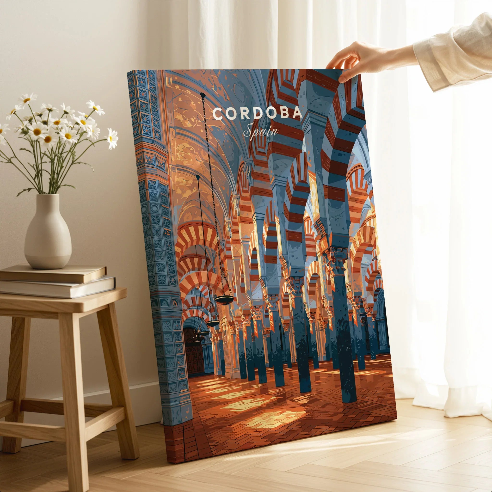 Cordoba Spain Mezquita Travel Poster — canvas print mirror edge hand holding room setting