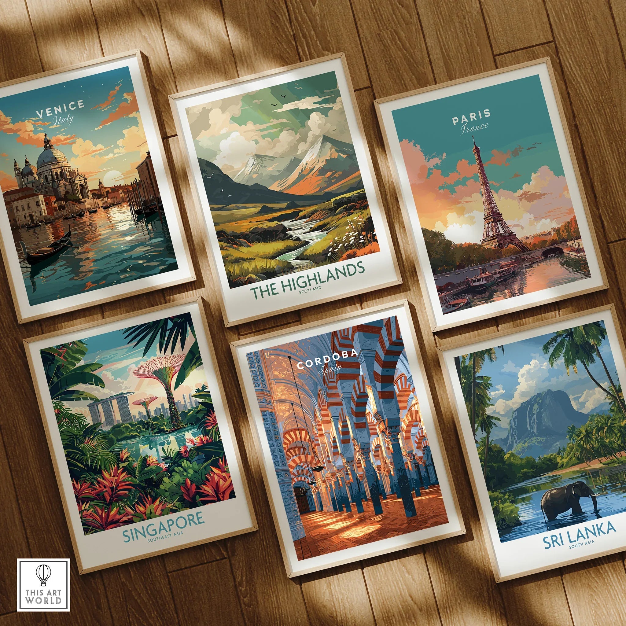 Cordoba Spain Mezquita Travel Poster — set six framed art prints wooden floor natural wood frames