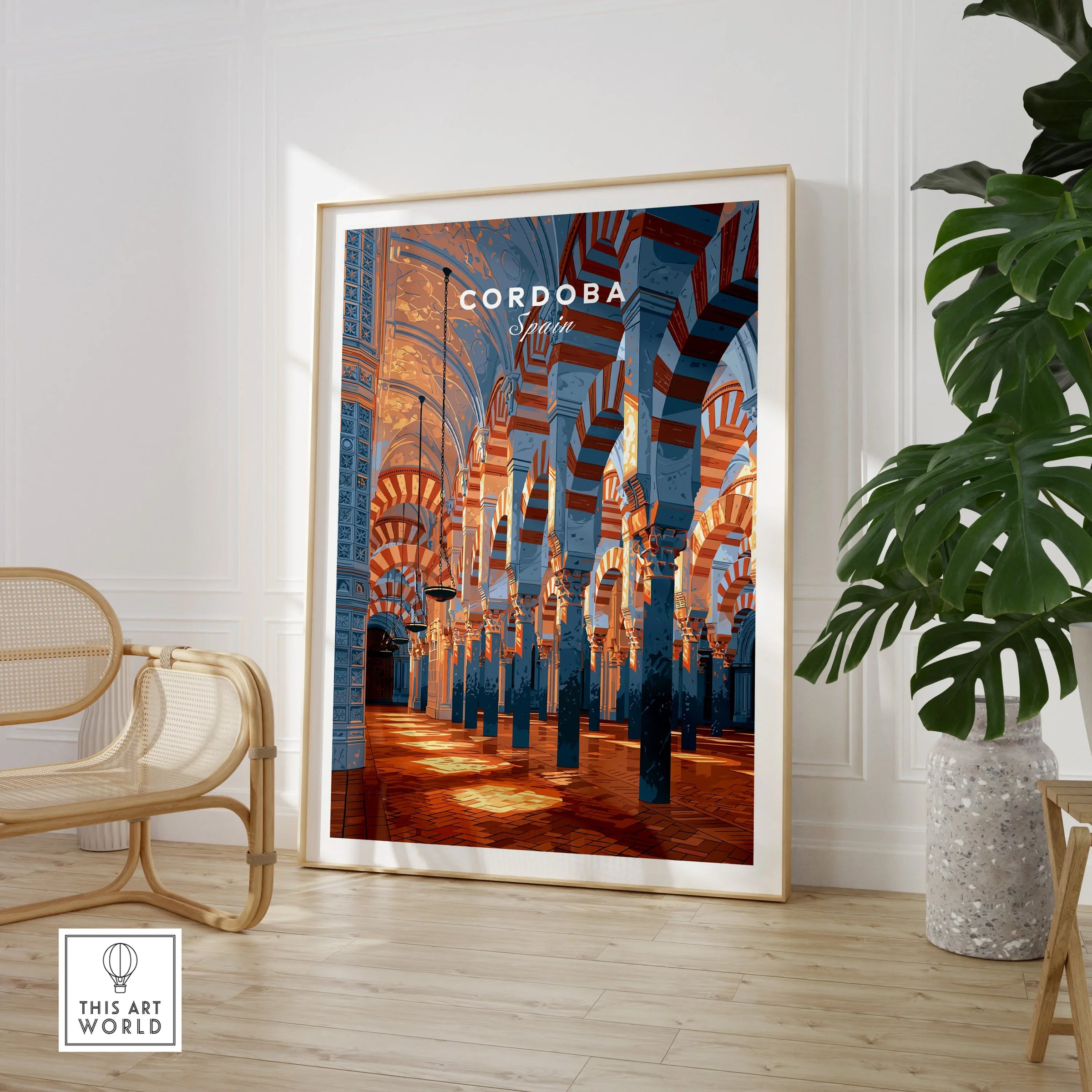 Cordoba Spain Mezquita Travel Poster — large framed print room setting chair plant