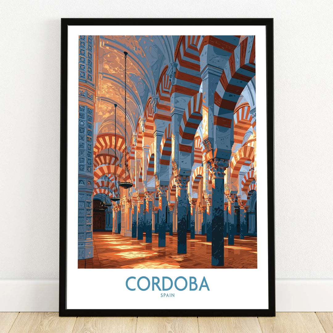 Cordoba Spain Mezquita Wall Art — art print in black frame on wooden floor