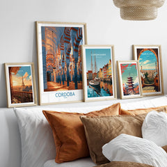 Cordoba Spain Mezquita Wall Art — set five framed artprints above bed natural wood frames
