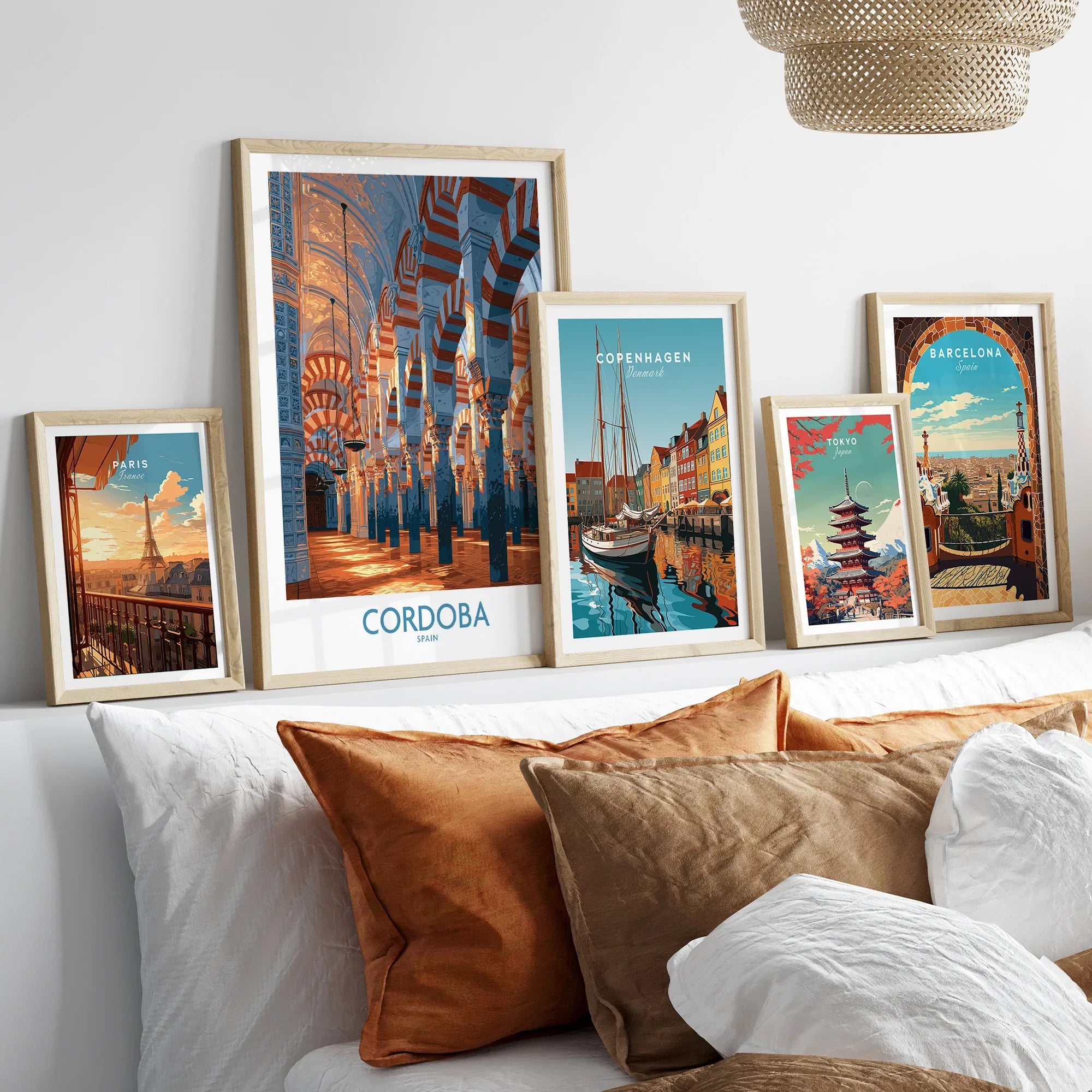 Cordoba Spain Mezquita Wall Art — set five framed artprints above bed natural wood frames
