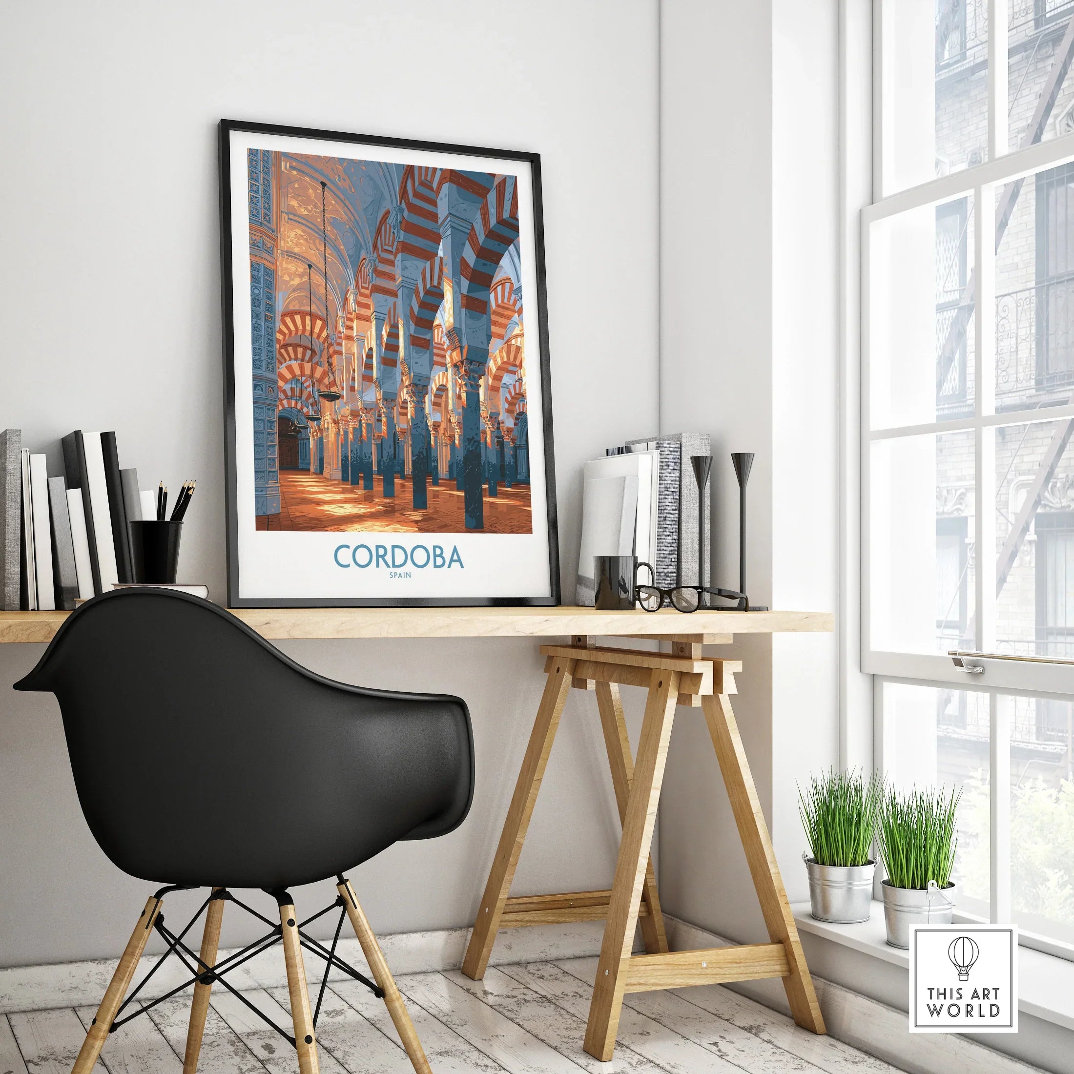 Cordoba Spain Mezquita Wall Art — framed poster black frame on office desk modern