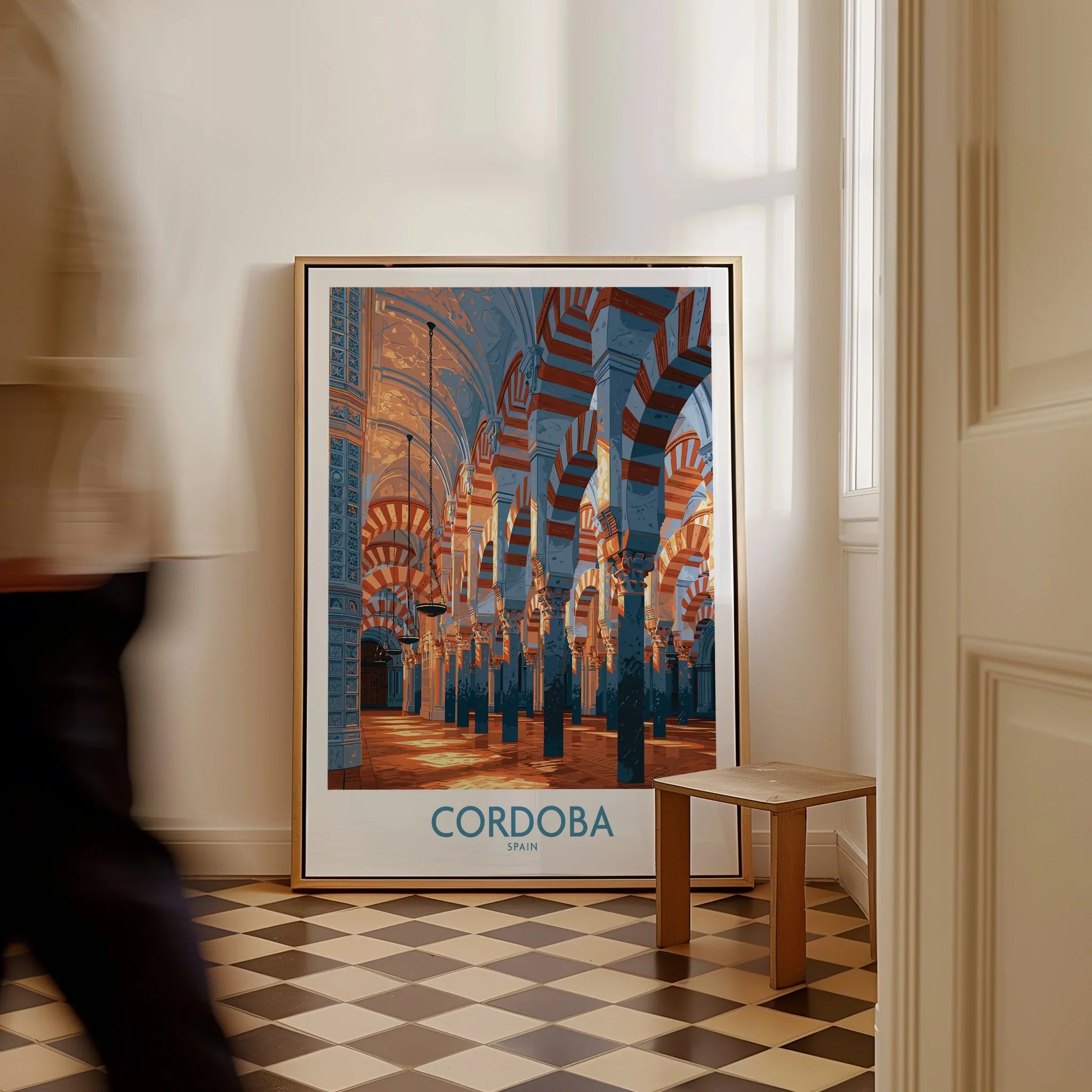 Cordoba Spain Mezquita Wall Art — framed canvas on floor man walking past