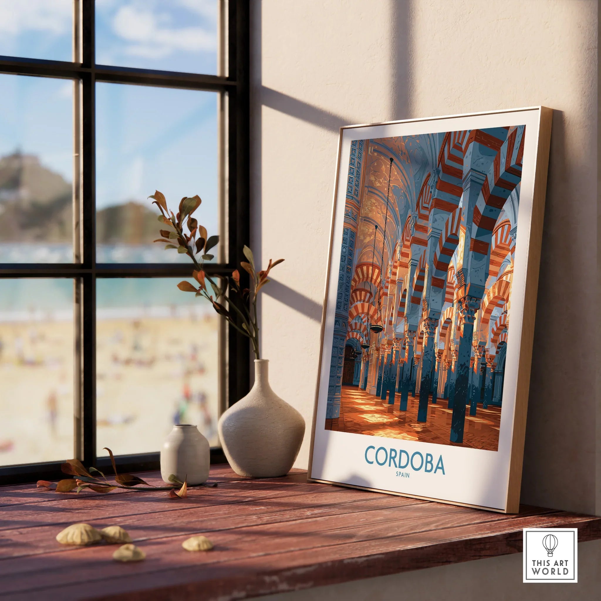 Cordoba Spain Mezquita Wall Art — framed print window view natural wood frame
