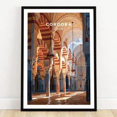 Cordoba Spain Mosque Cathedral Travel Poster — art print in black frame on wooden floor