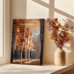 Cordoba Spain Mosque Cathedral Travel Poster — canvas print window setting with shadows flowers