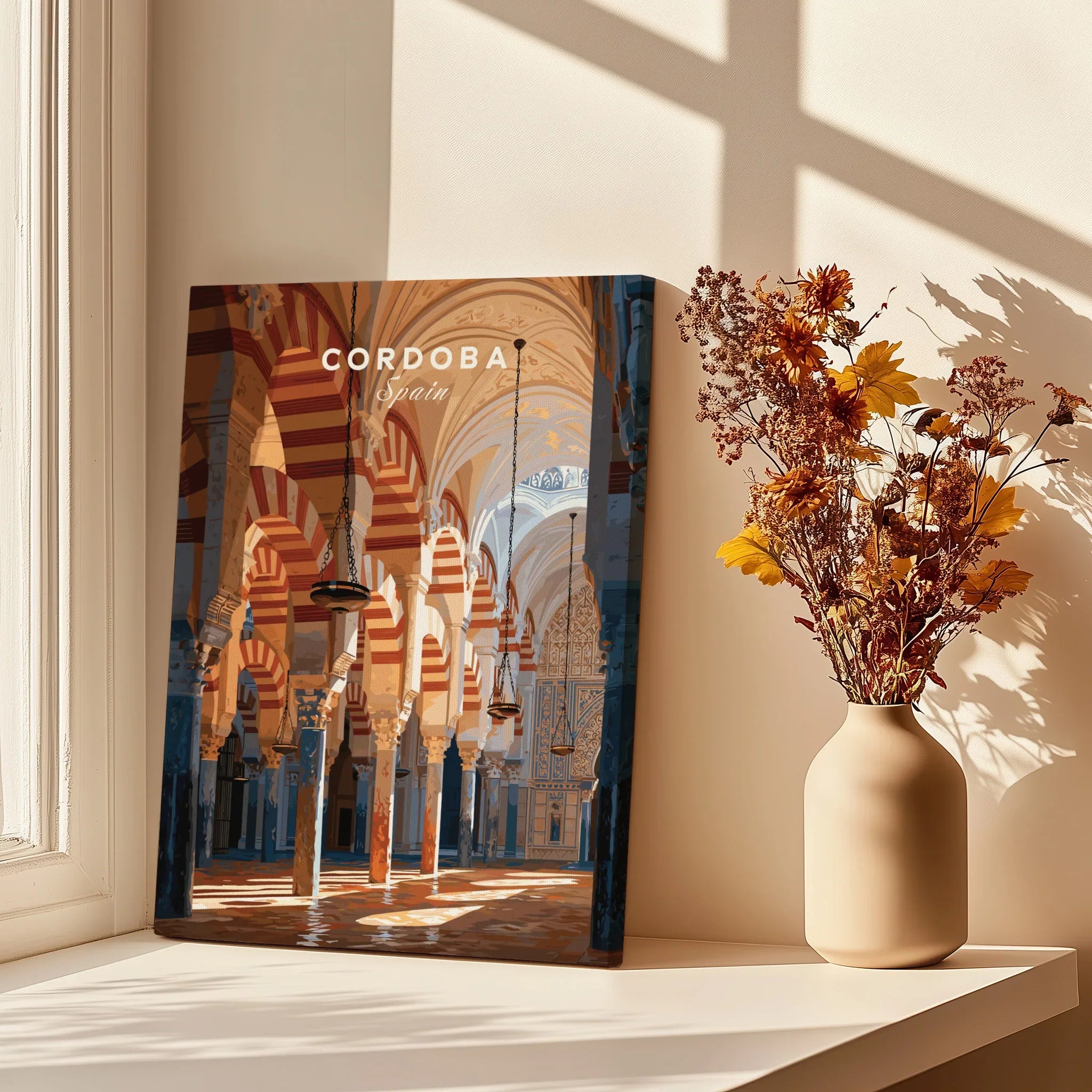Cordoba Spain Mosque Cathedral Travel Poster — canvas print window setting with shadows flowers