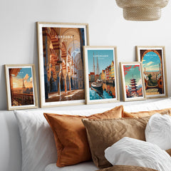 Cordoba Spain Mosque Cathedral Travel Poster — set five framed artprints above bed natural wood frames