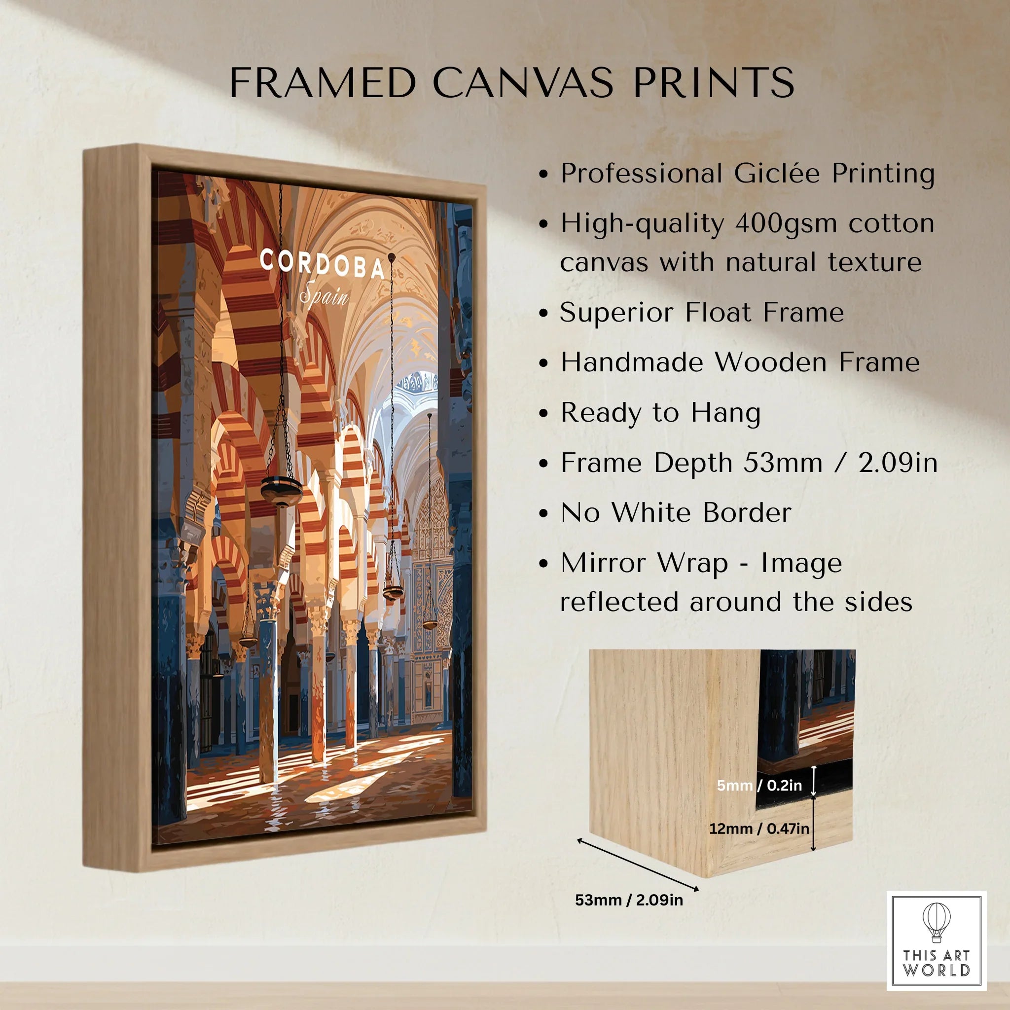 Cordoba Spain Mosque Cathedral Travel Poster — framed canvas float frame details quality