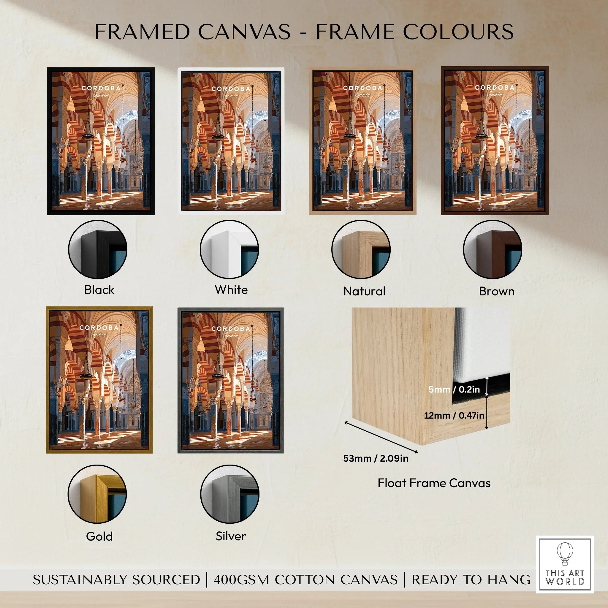 Cordoba Spain Mosque Cathedral Travel Poster — framed canvas float frame colour options
