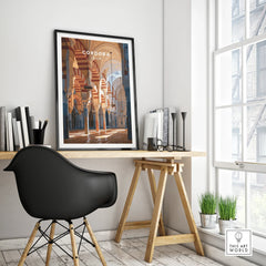 Cordoba Spain Mosque Cathedral Travel Poster — framed poster black frame on office desk modern