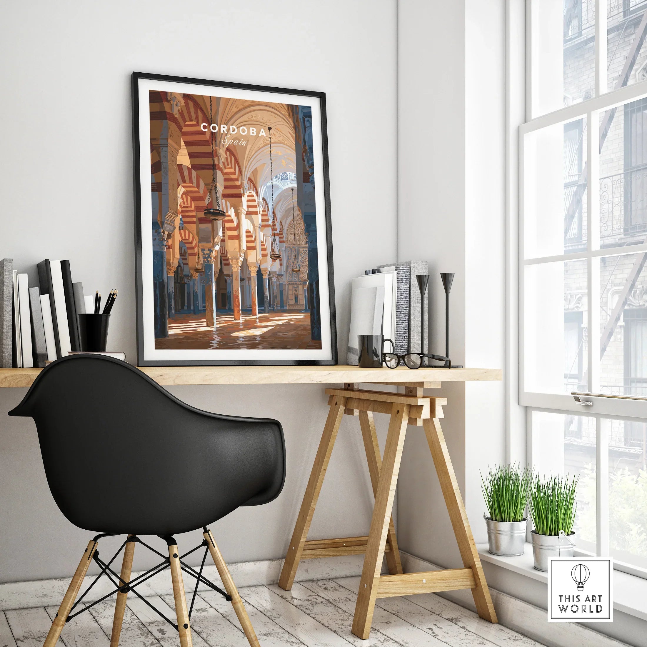 Cordoba Spain Mosque Cathedral Travel Poster — framed poster black frame on office desk modern