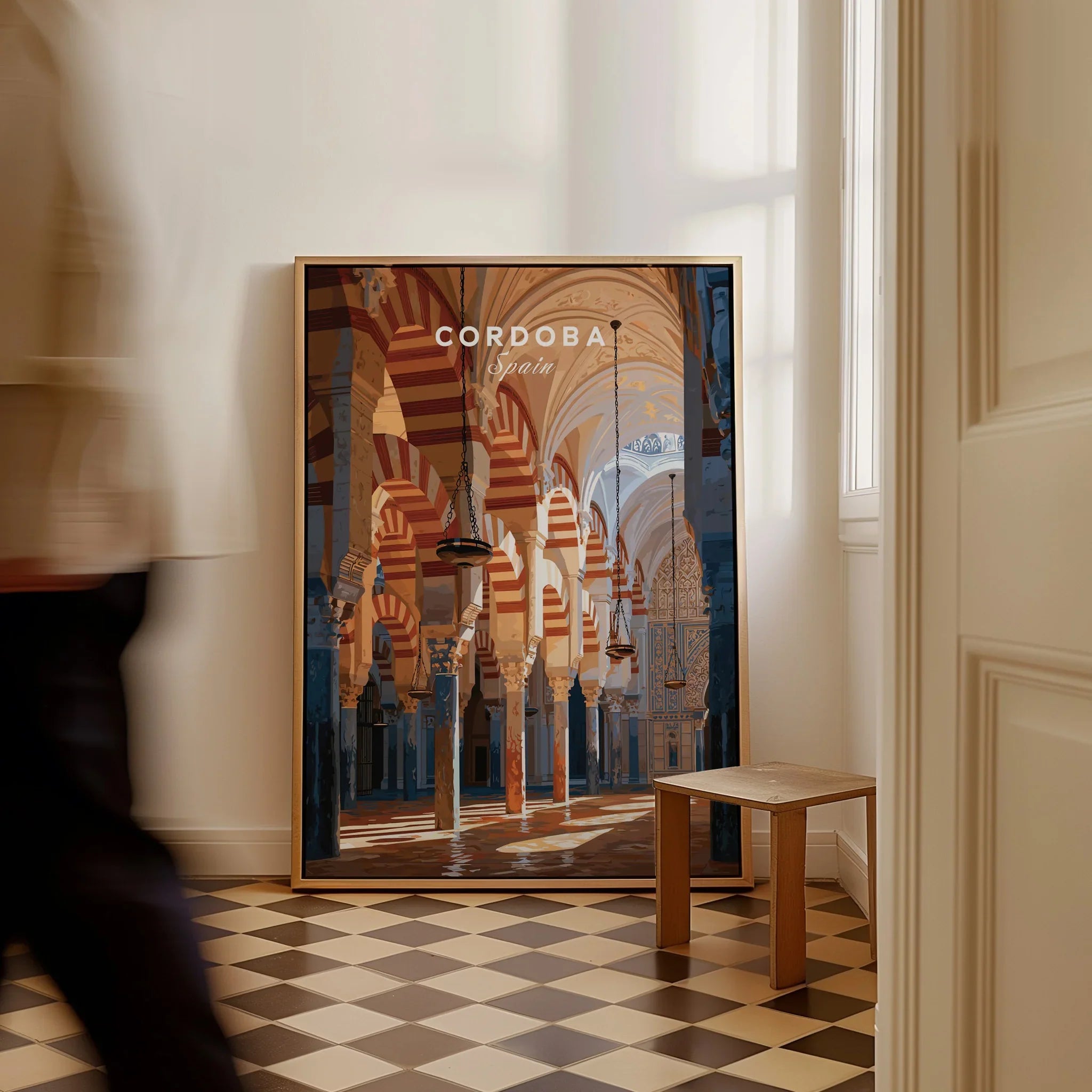 Cordoba Spain Mosque Cathedral Travel Poster — framed canvas on floor man walking past