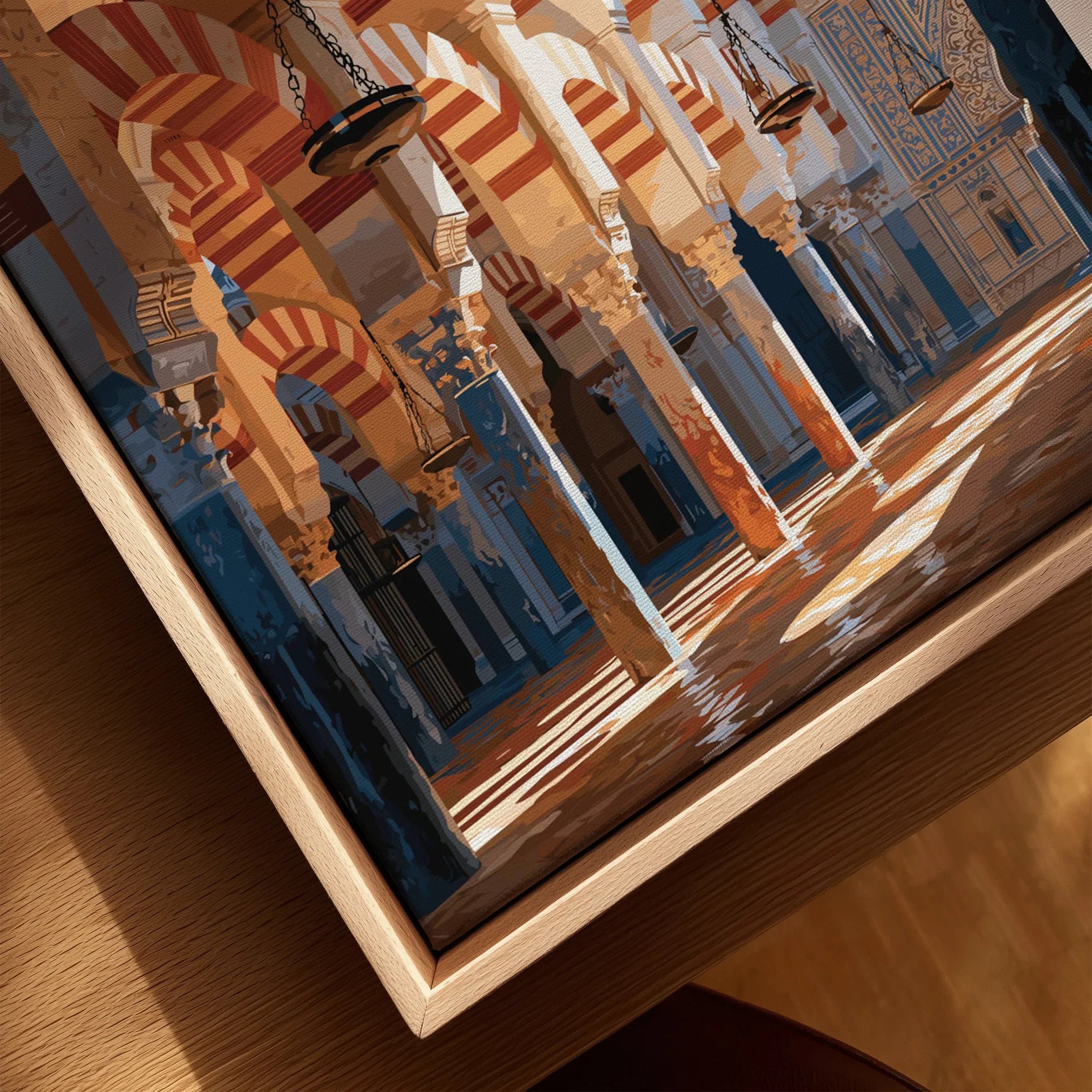 Cordoba Spain Mosque Cathedral Travel Poster — closeup framed canvas natural wood floating frame