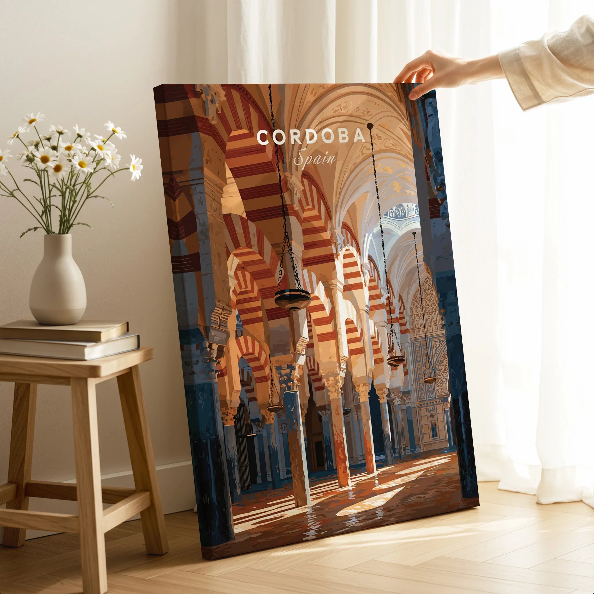 Cordoba Spain Mosque Cathedral Travel Poster — canvas print mirror edge hand holding room setting