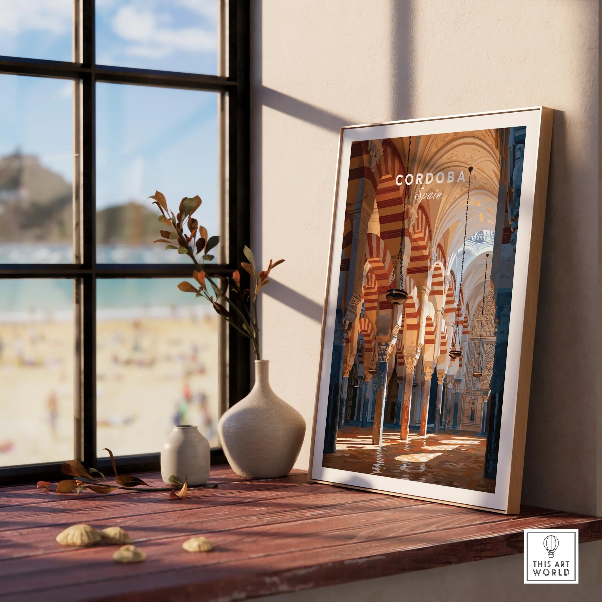 Cordoba Spain Mosque Cathedral Travel Poster — framed print window view natural wood frame
