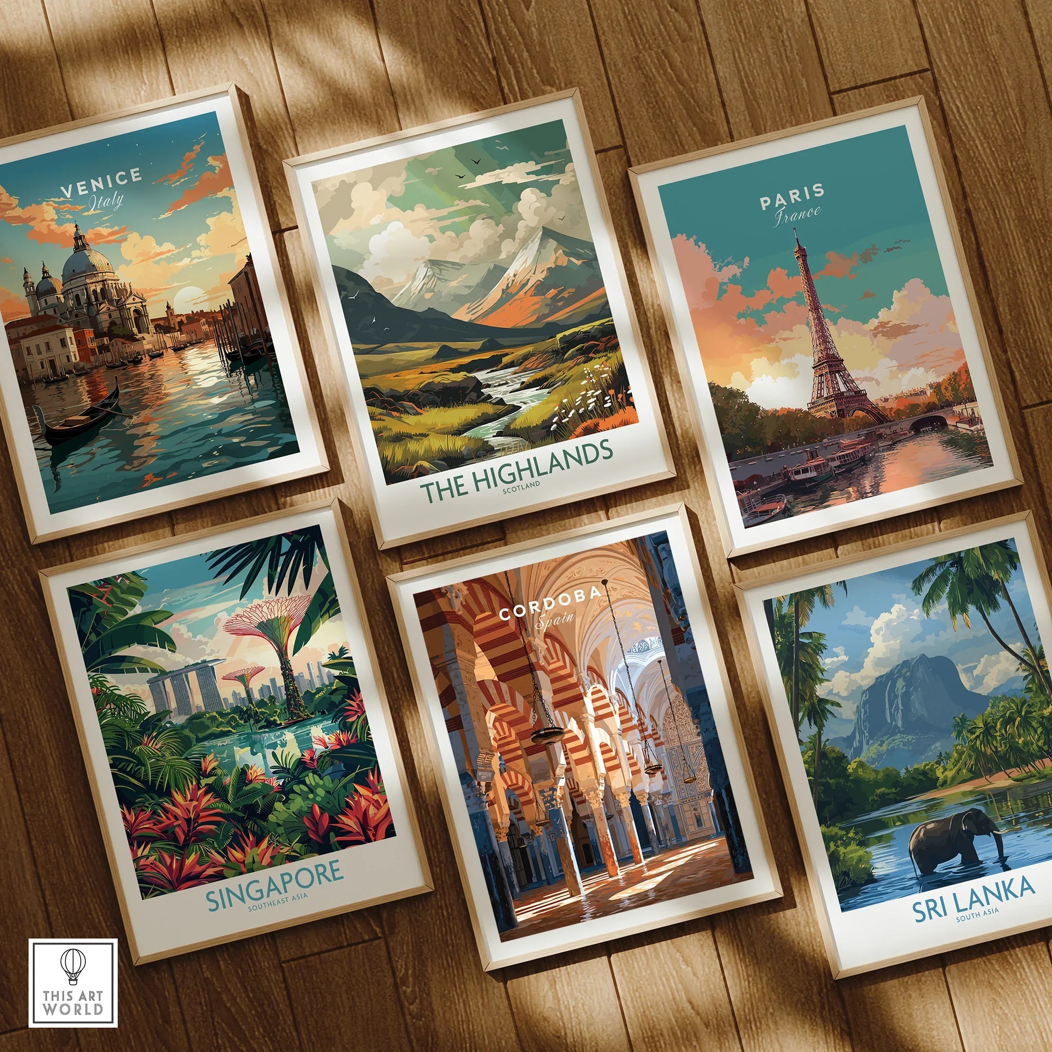 Cordoba Spain Mosque Cathedral Travel Poster — set six framed art prints wooden floor natural wood frames