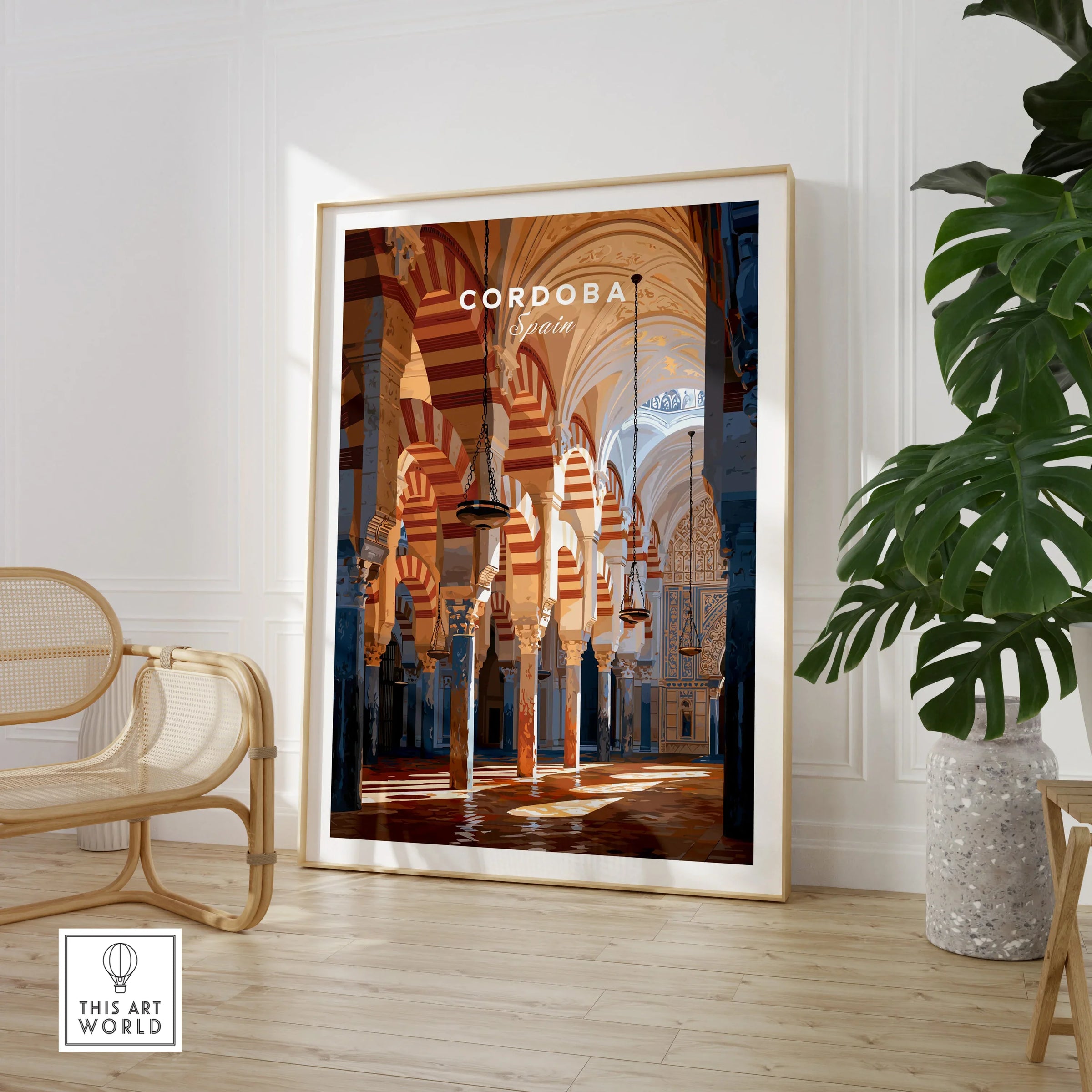 Cordoba Spain Mosque Cathedral Travel Poster — large framed print room setting chair plant