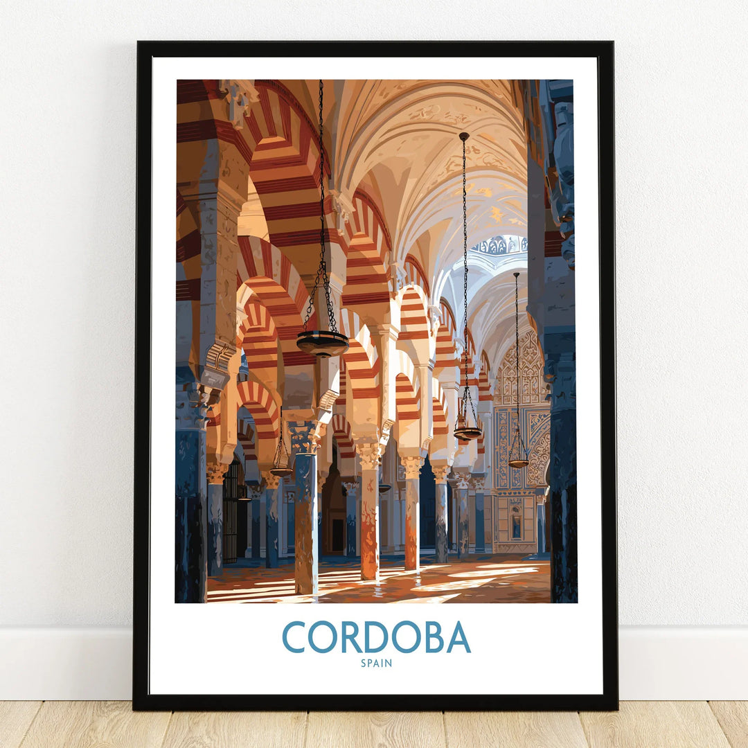 Cordoba Spain Mosque Cathedral Wall Art — art print in black frame on wooden floor