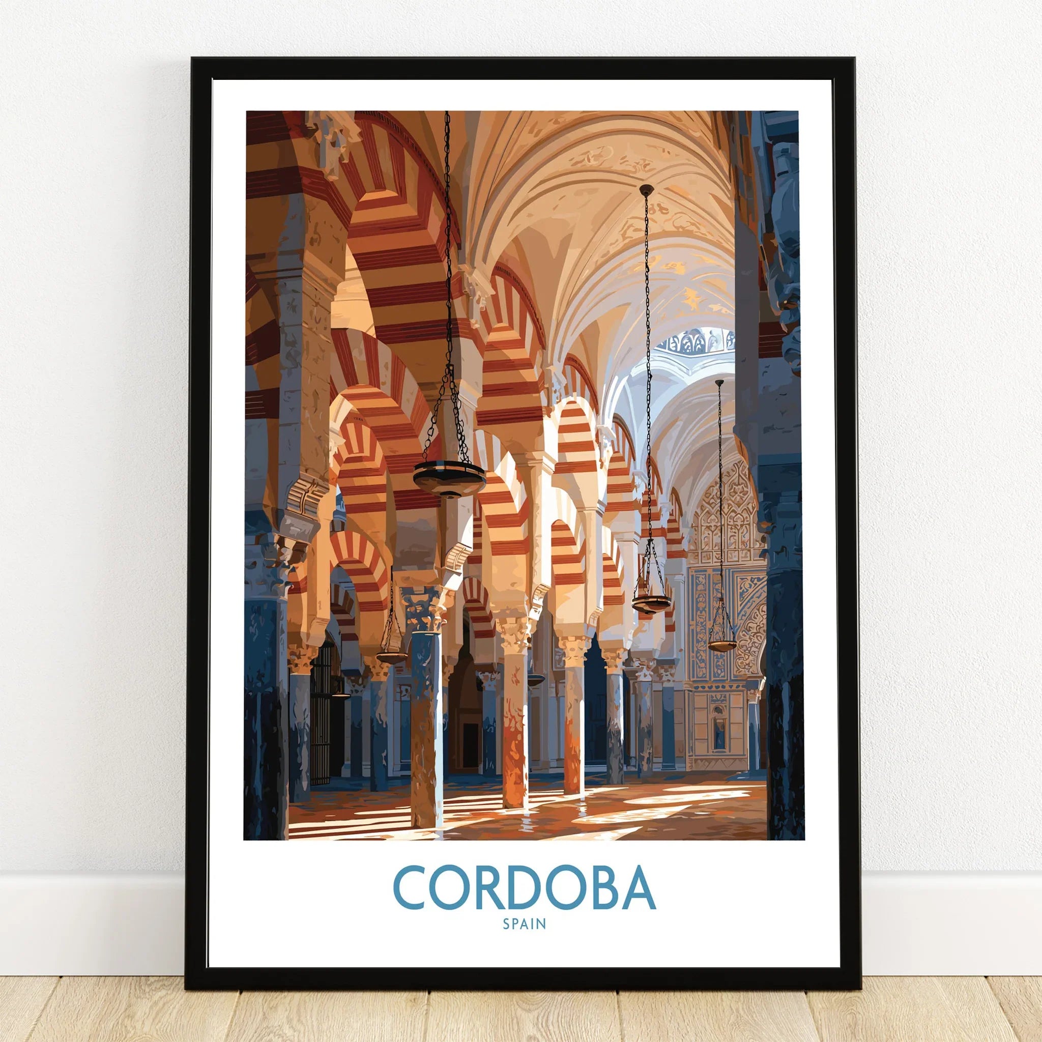 Cordoba Spain Mosque Cathedral Wall Art — art print in black frame on wooden floor