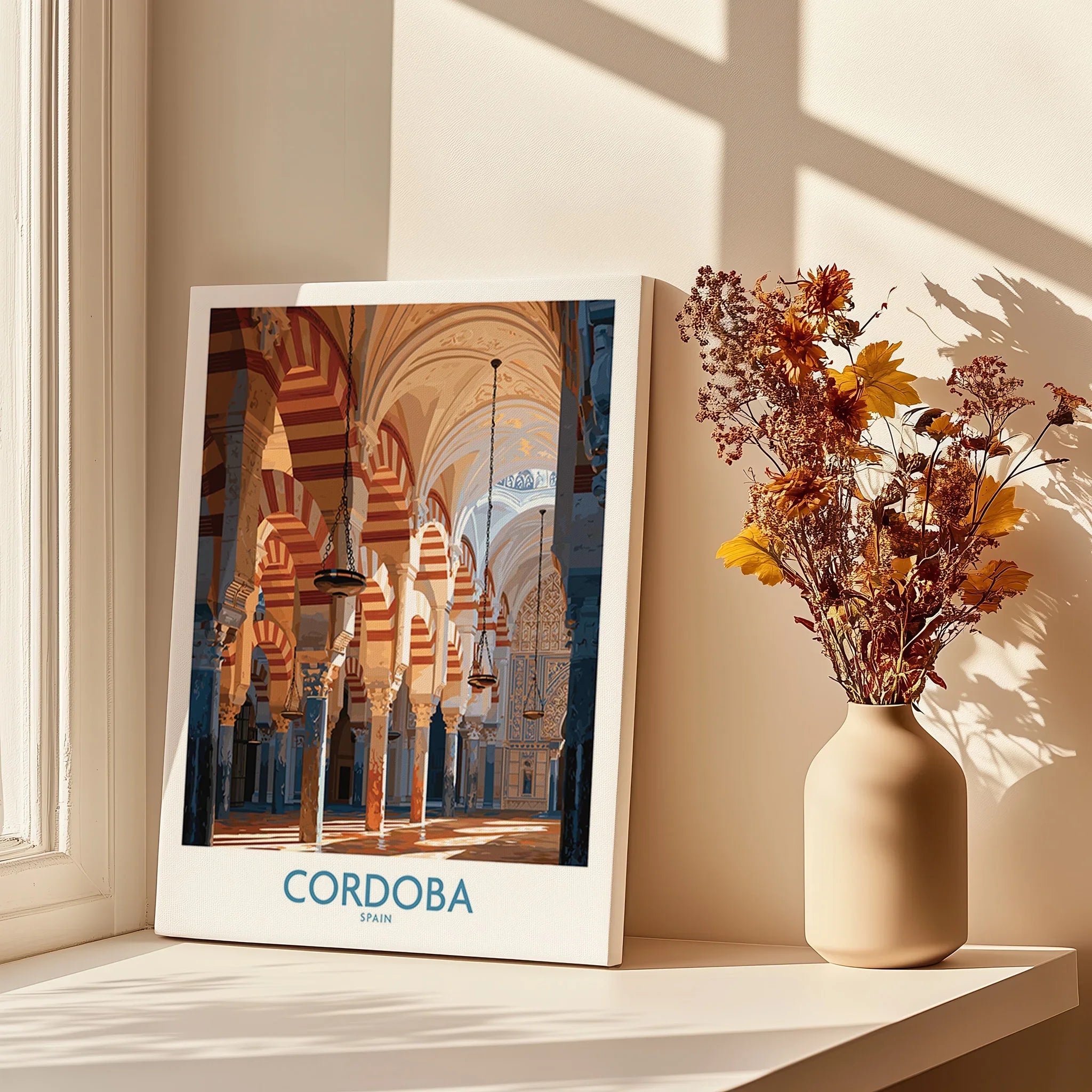 Cordoba Spain Mosque Cathedral Wall Art — canvas print window setting with shadows flowers
