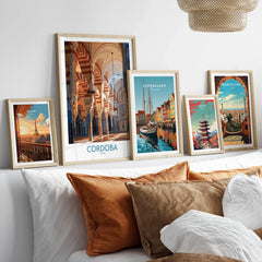Cordoba Spain Mosque Cathedral Wall Art — set five framed artprints above bed natural wood frames