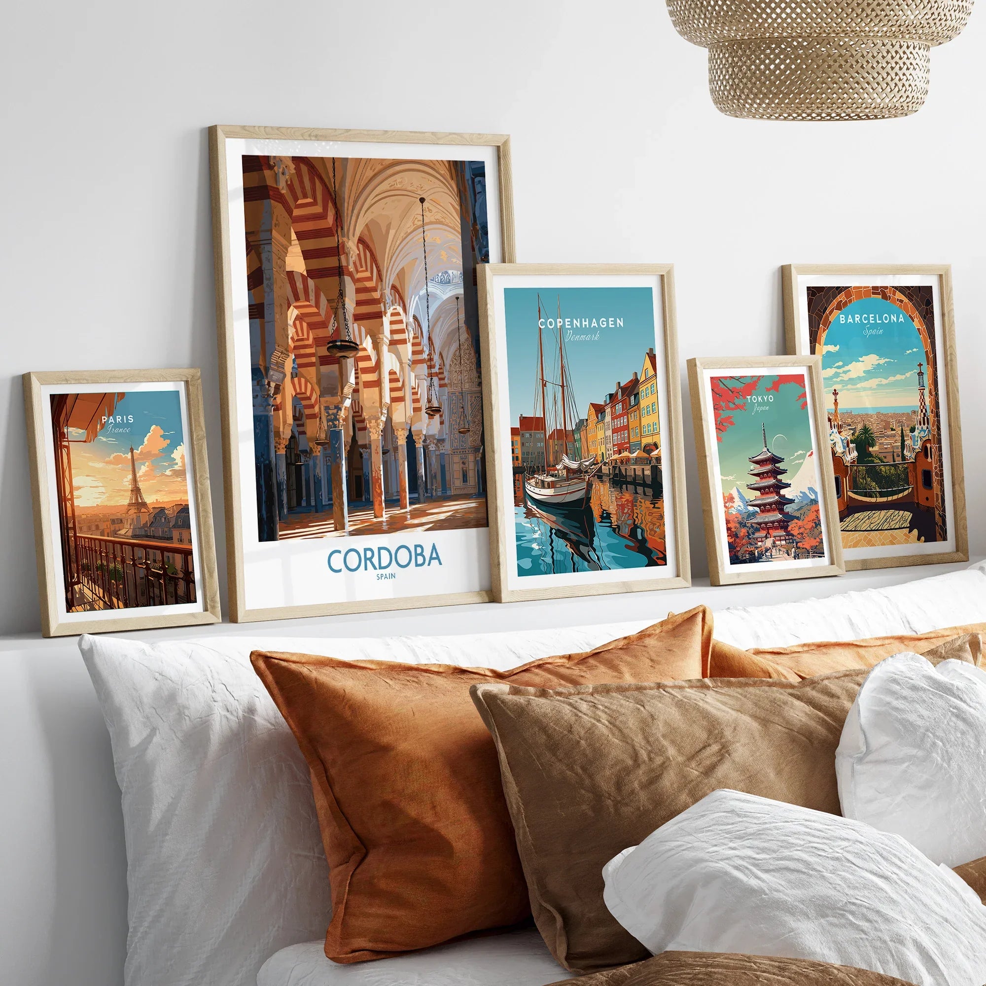 Cordoba Spain Mosque Cathedral Wall Art — set five framed artprints above bed natural wood frames