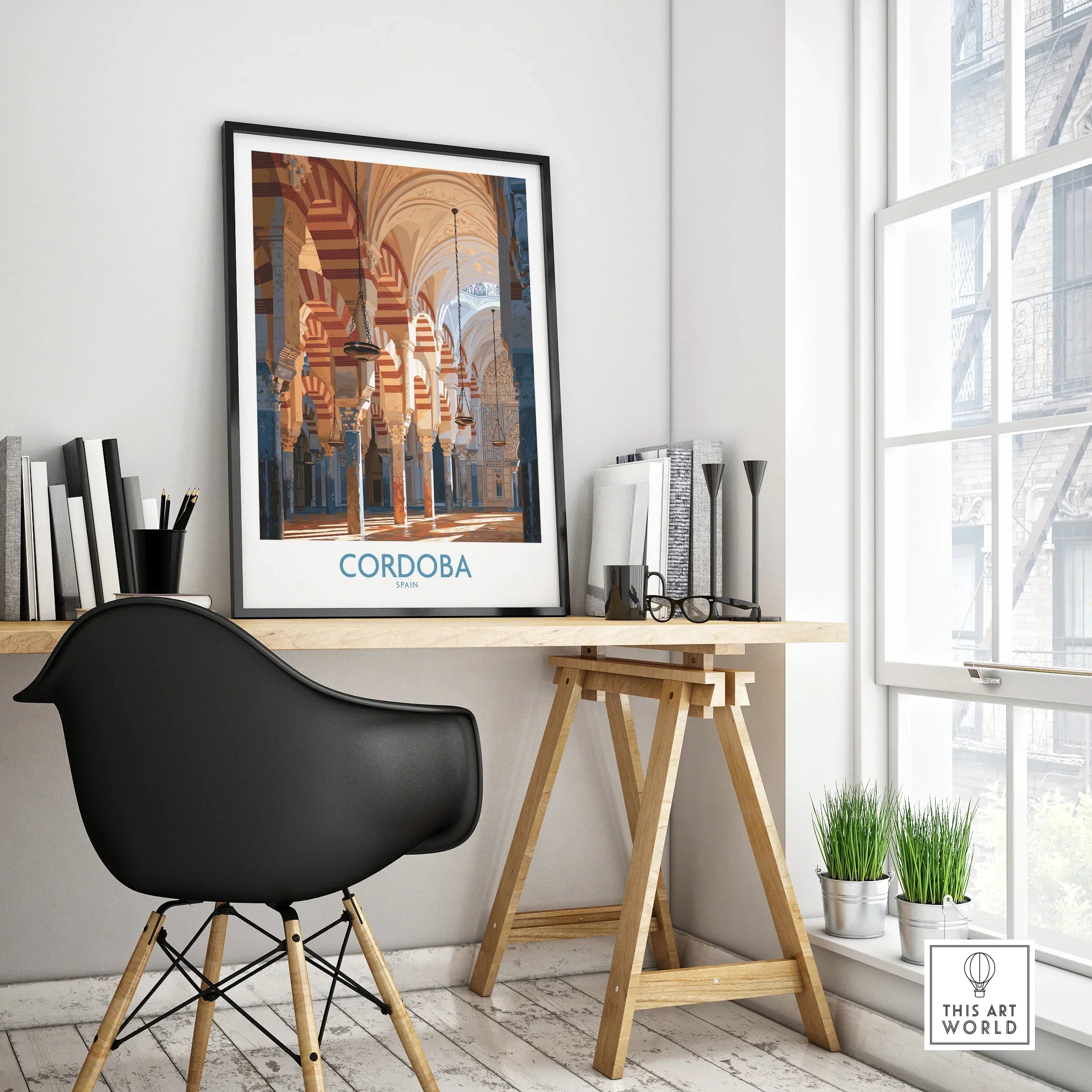 Cordoba Spain Mosque Cathedral Wall Art — framed poster black frame on office desk modern