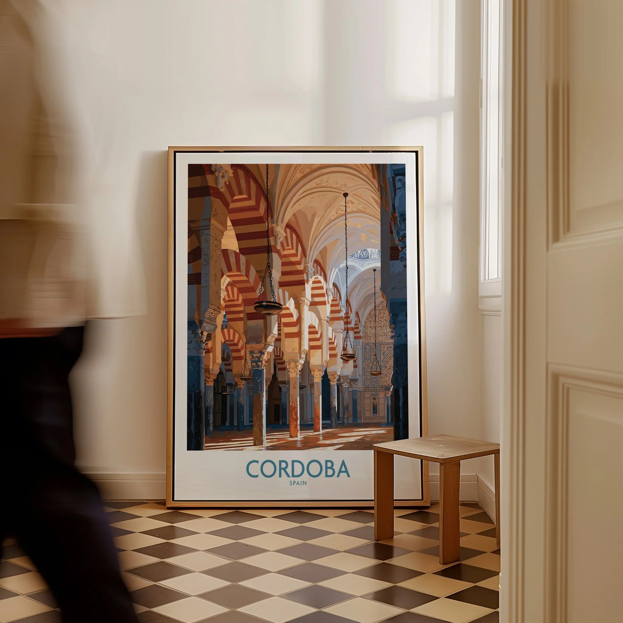 Cordoba Spain Mosque Cathedral Wall Art — framed canvas on floor man walking past