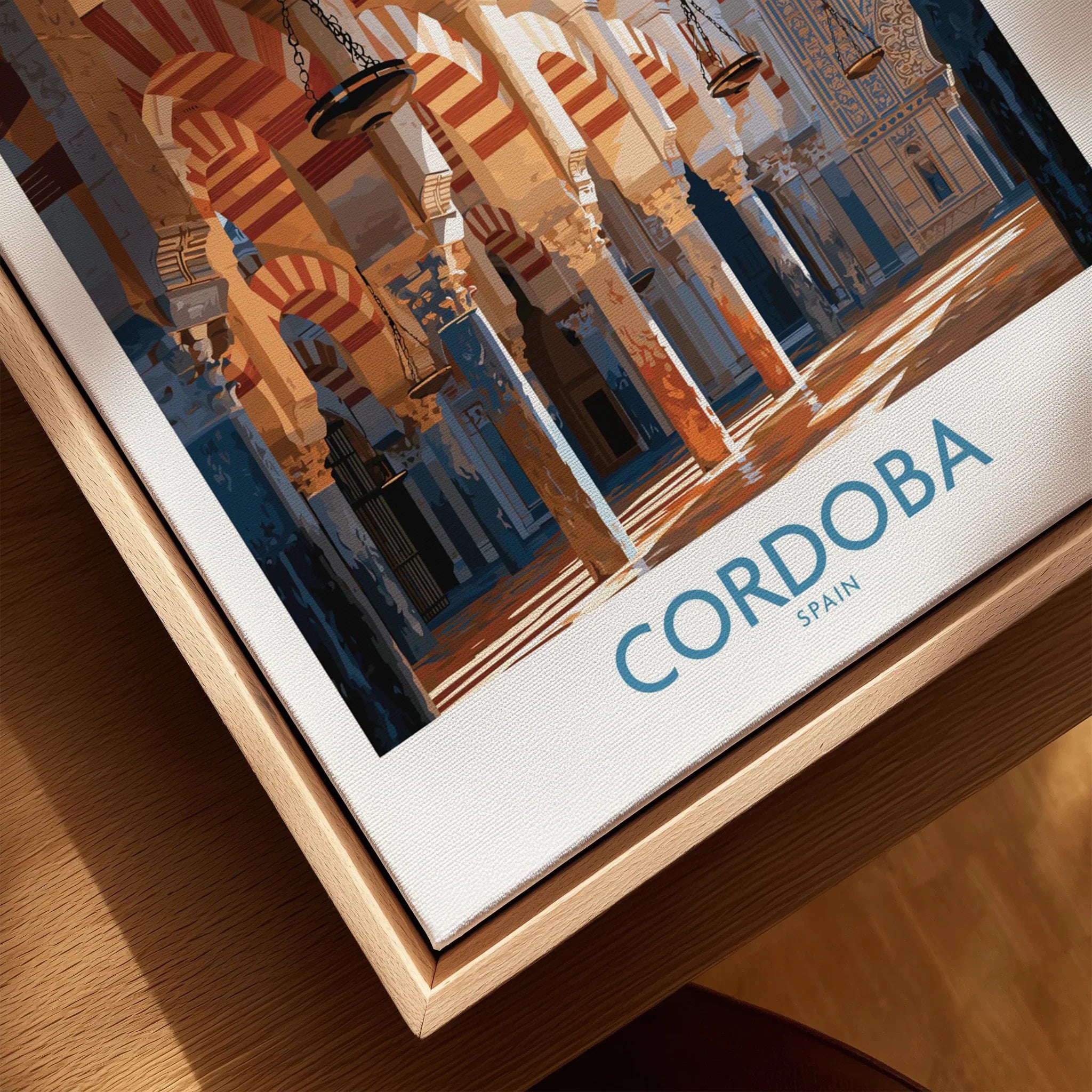 Cordoba Spain Mosque Cathedral Wall Art — closeup framed canvas natural wood floating frame