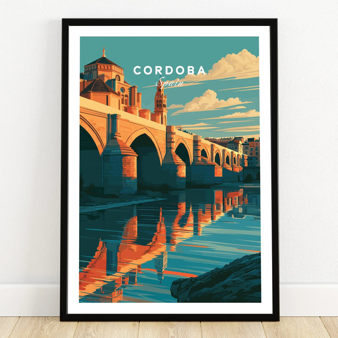 Cordoba Spain Roman Bridge Travel Poster — art print in black frame on wooden floor