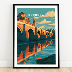 Cordoba Spain Roman Bridge Travel Poster — art print in black frame on wooden floor