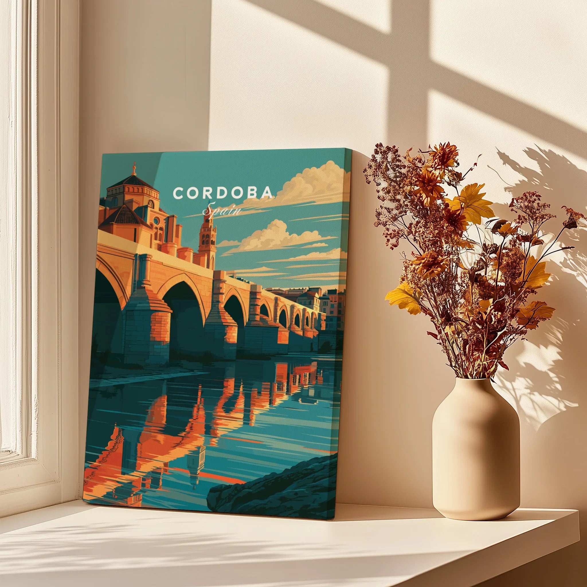 Cordoba Spain Roman Bridge Travel Poster — canvas print window setting with shadows flowers