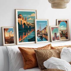 Cordoba Spain Roman Bridge Travel Poster — set five framed artprints above bed natural wood frames