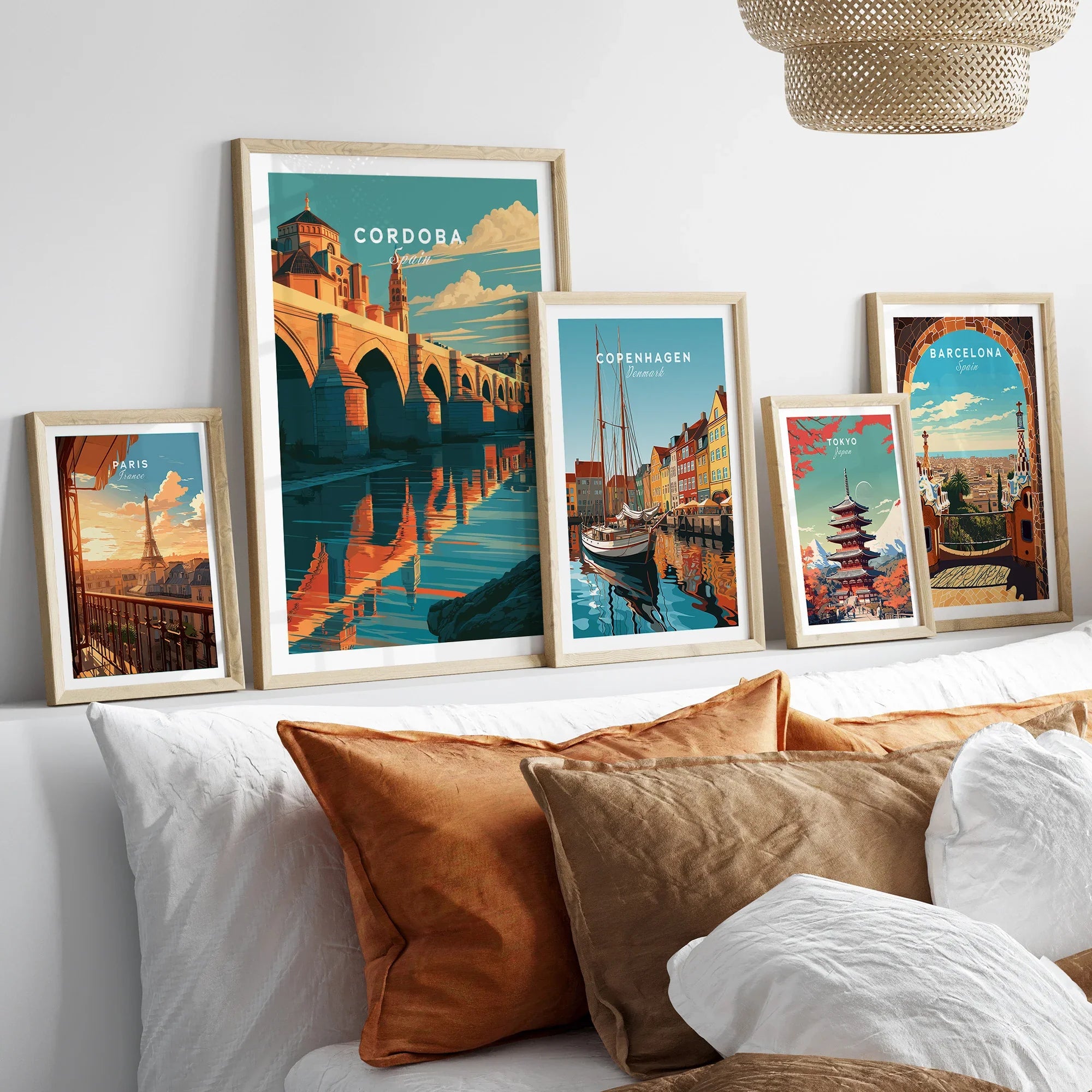Cordoba Spain Roman Bridge Travel Poster — set five framed artprints above bed natural wood frames