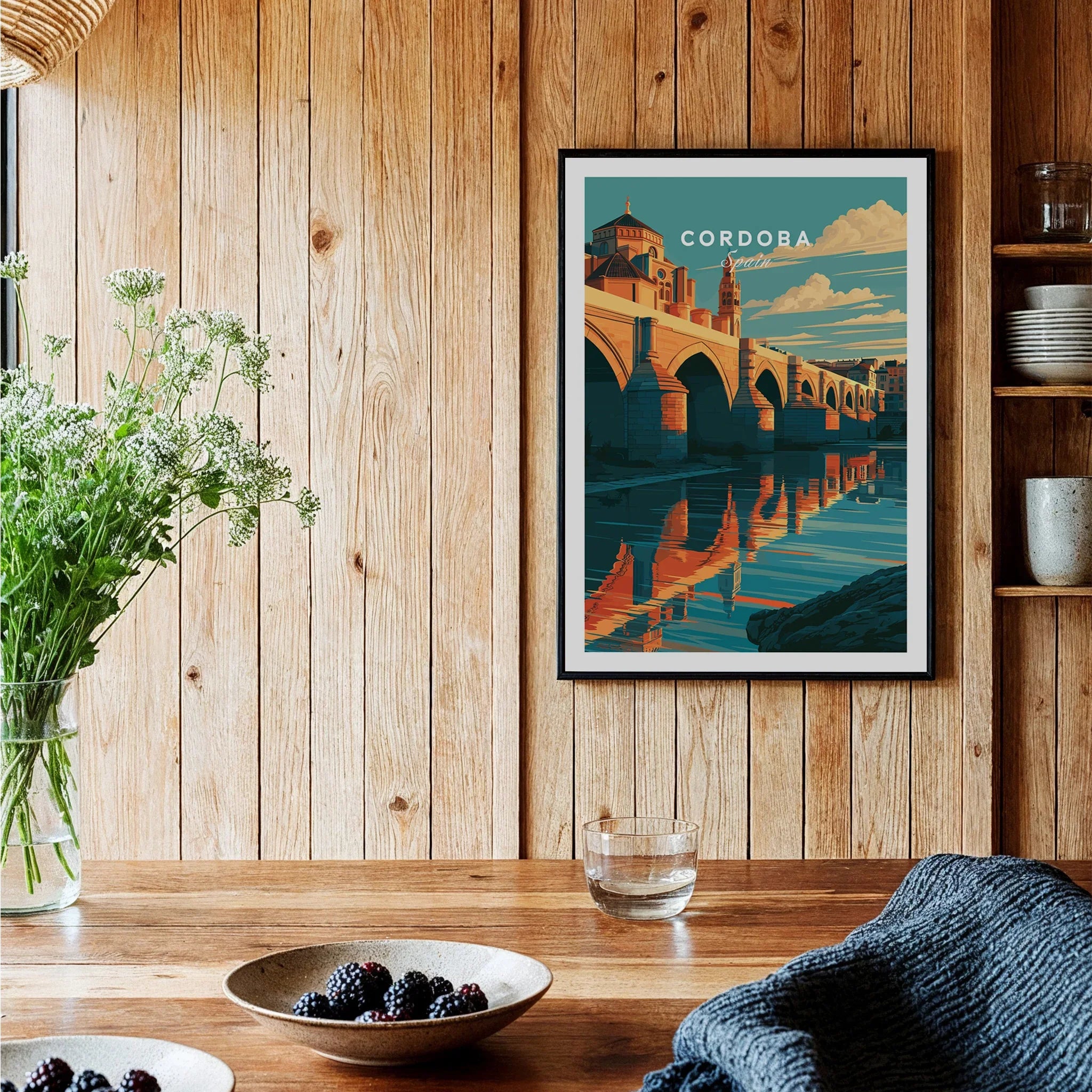 Cordoba Spain Roman Bridge Travel Poster — black framed art print kitchen setting