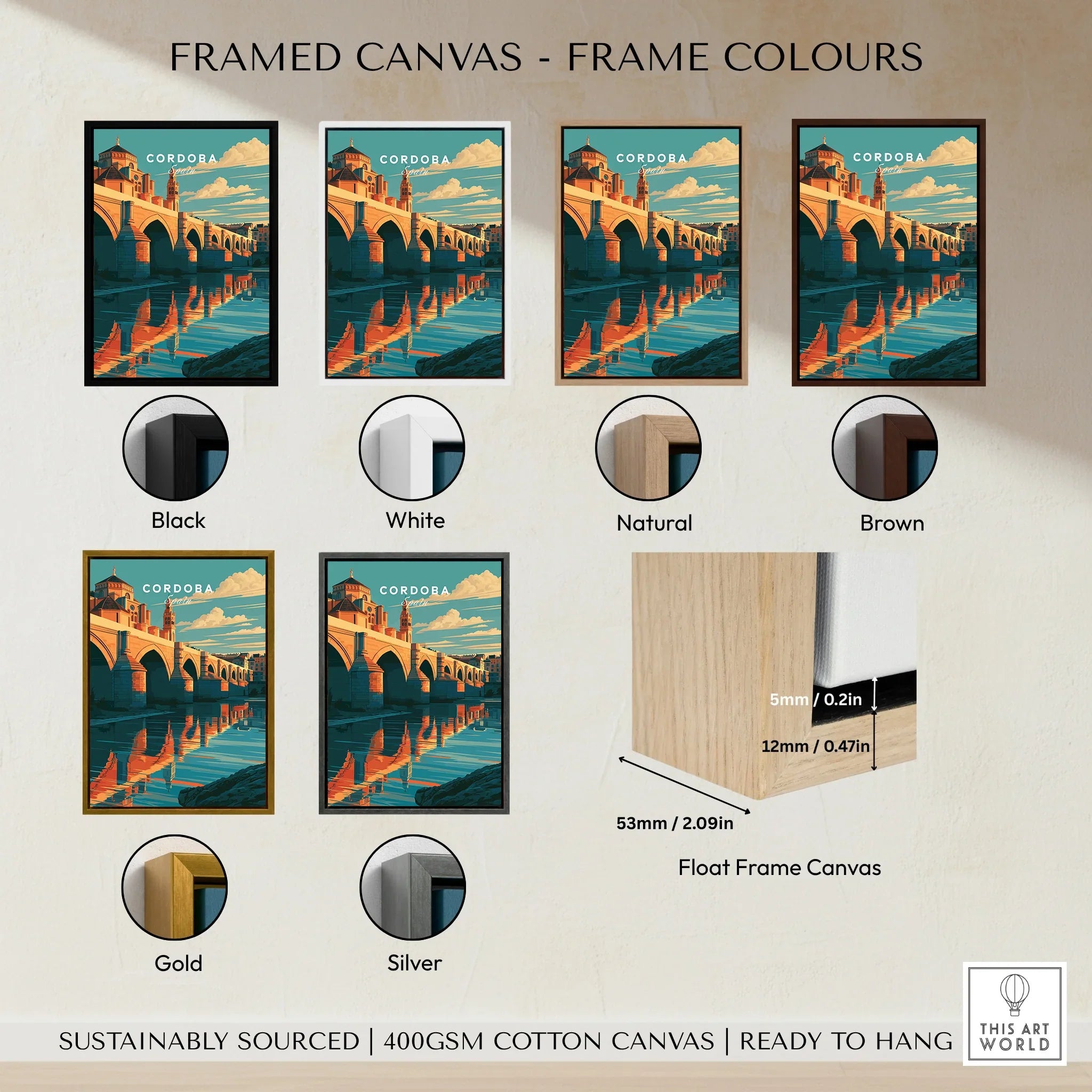 Cordoba Spain Roman Bridge Travel Poster — framed canvas float frame colour options