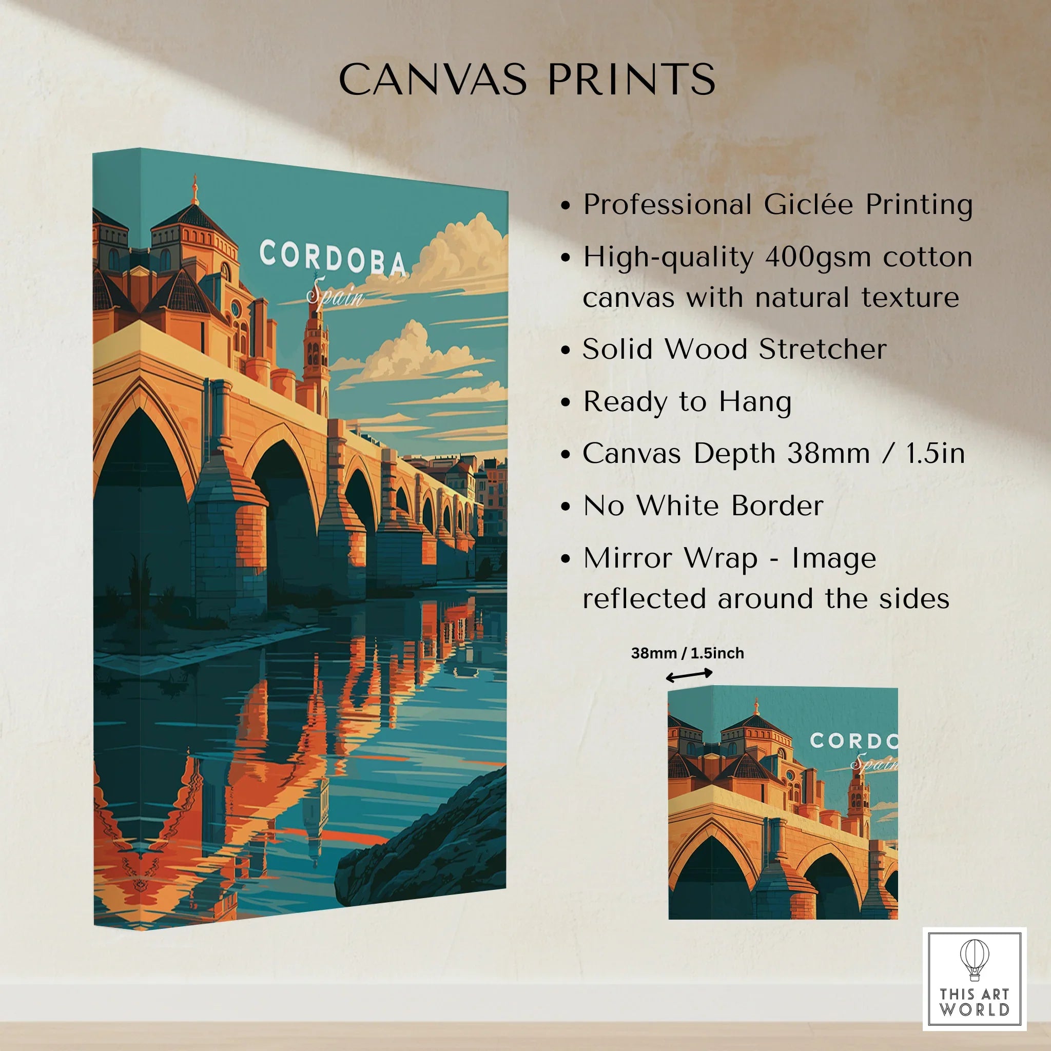 Cordoba Spain Roman Bridge Travel Poster — canvas print stretched cotton canvas details
