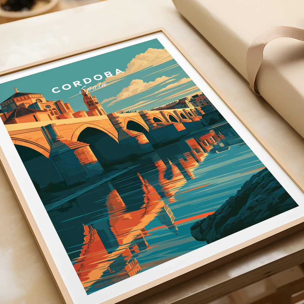 Cordoba Spain Roman Bridge Travel Poster — framed art print closeup gift unwrapped natural frame