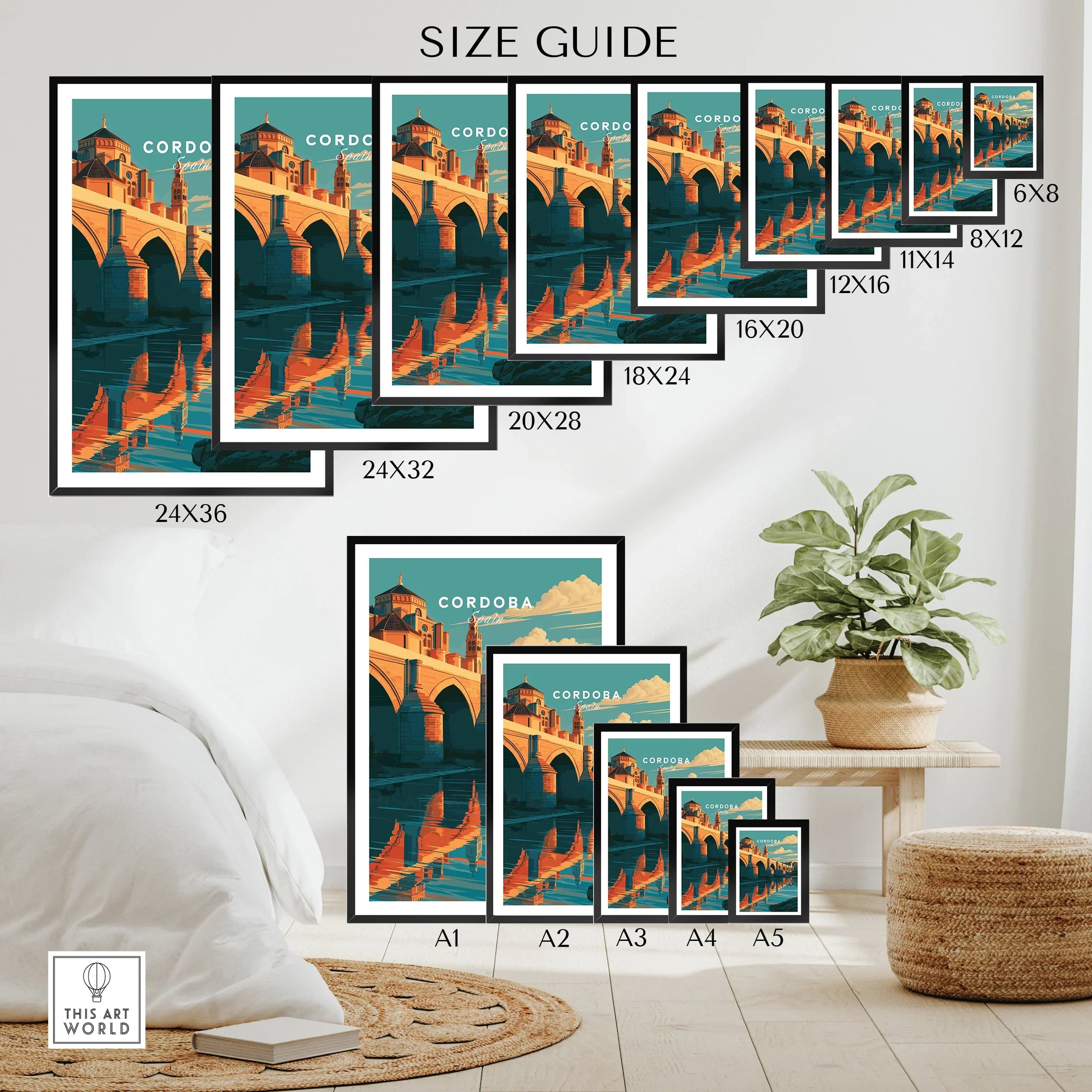 Cordoba Spain Roman Bridge Travel Poster — wall art poster size guide thisartworld