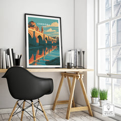 Cordoba Spain Roman Bridge Travel Poster — framed poster black frame on office desk modern
