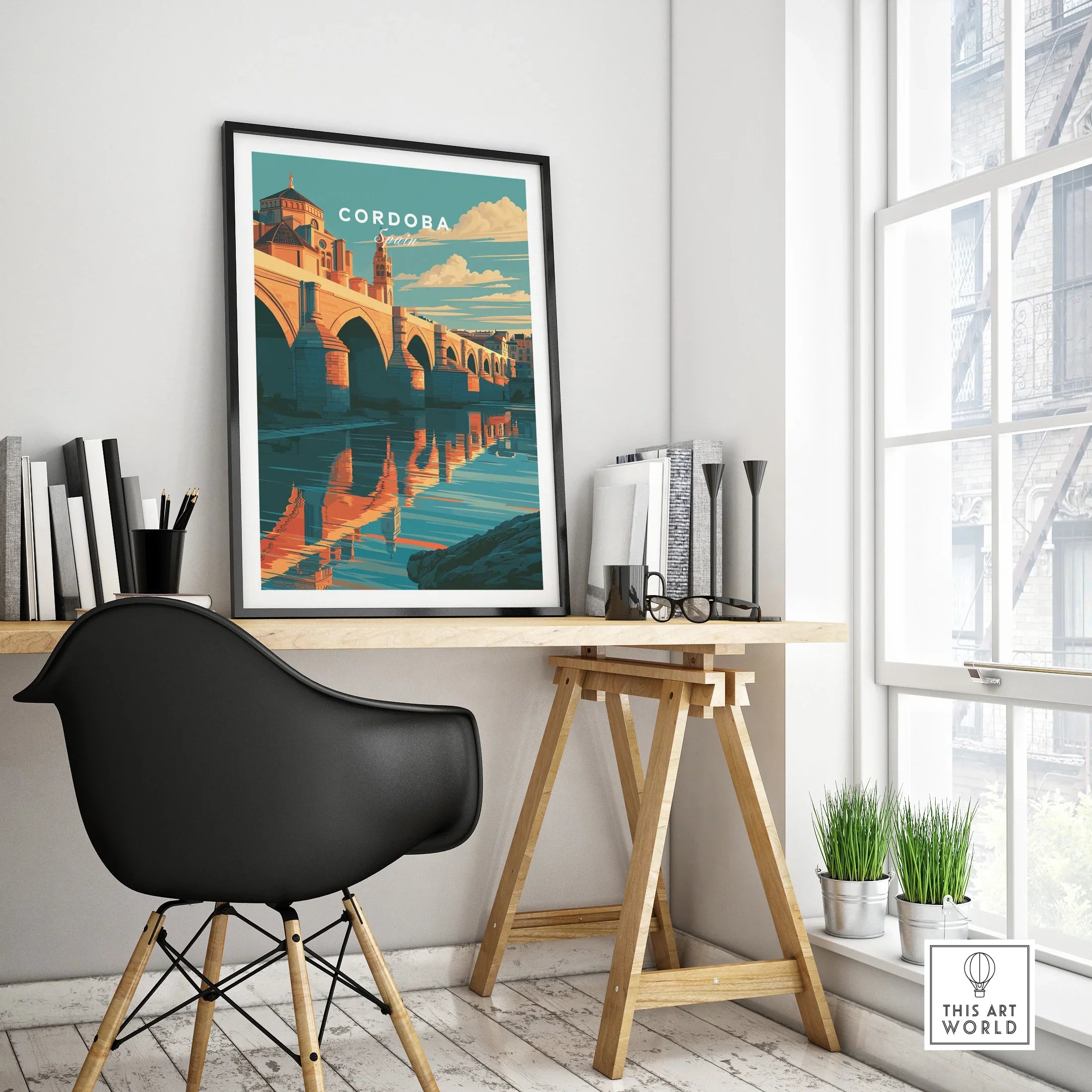 Cordoba Spain Roman Bridge Travel Poster — framed poster black frame on office desk modern
