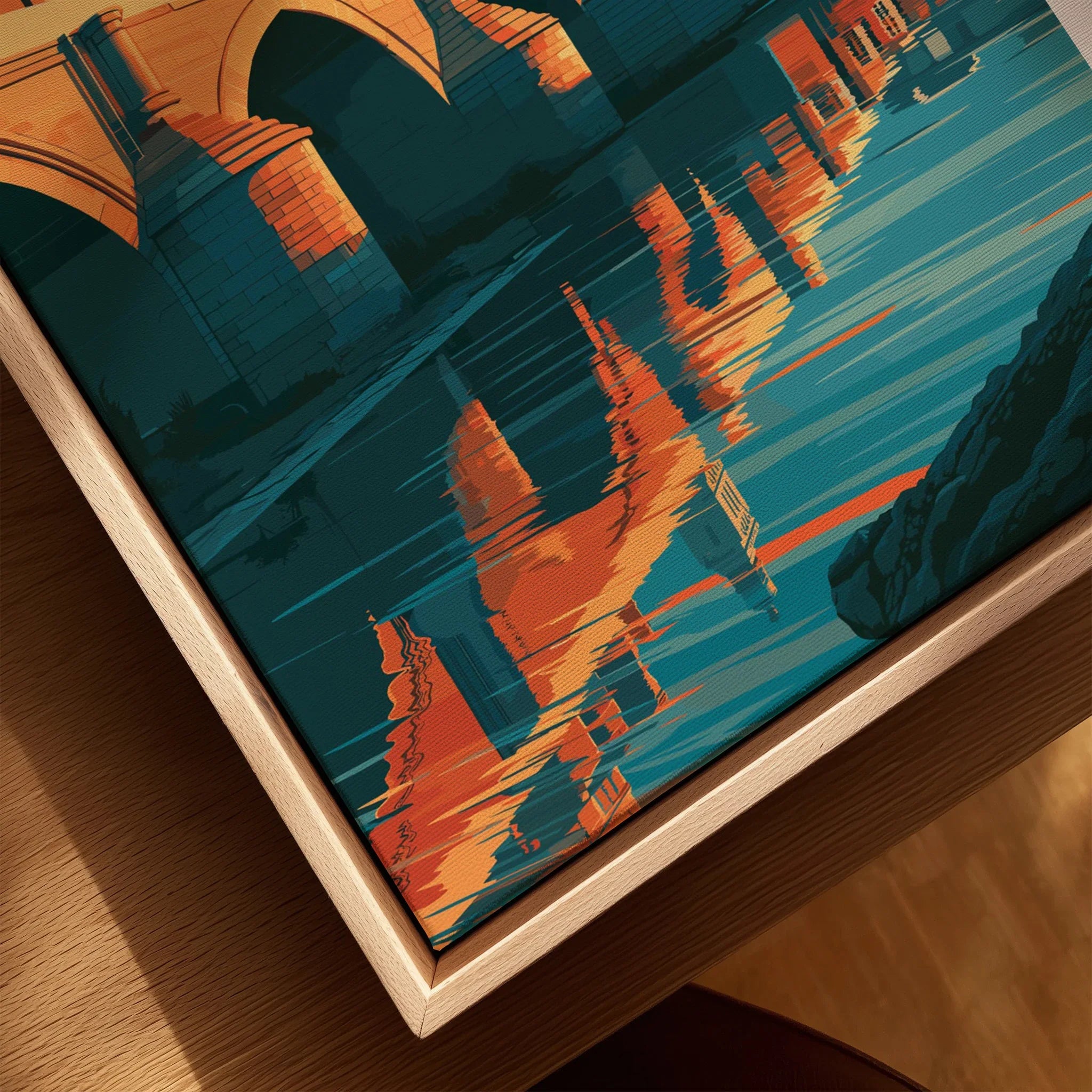 Cordoba Spain Roman Bridge Travel Poster — closeup framed canvas natural wood floating frame
