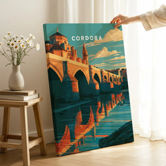 Cordoba Spain Roman Bridge Travel Poster — canvas print mirror edge hand holding room setting