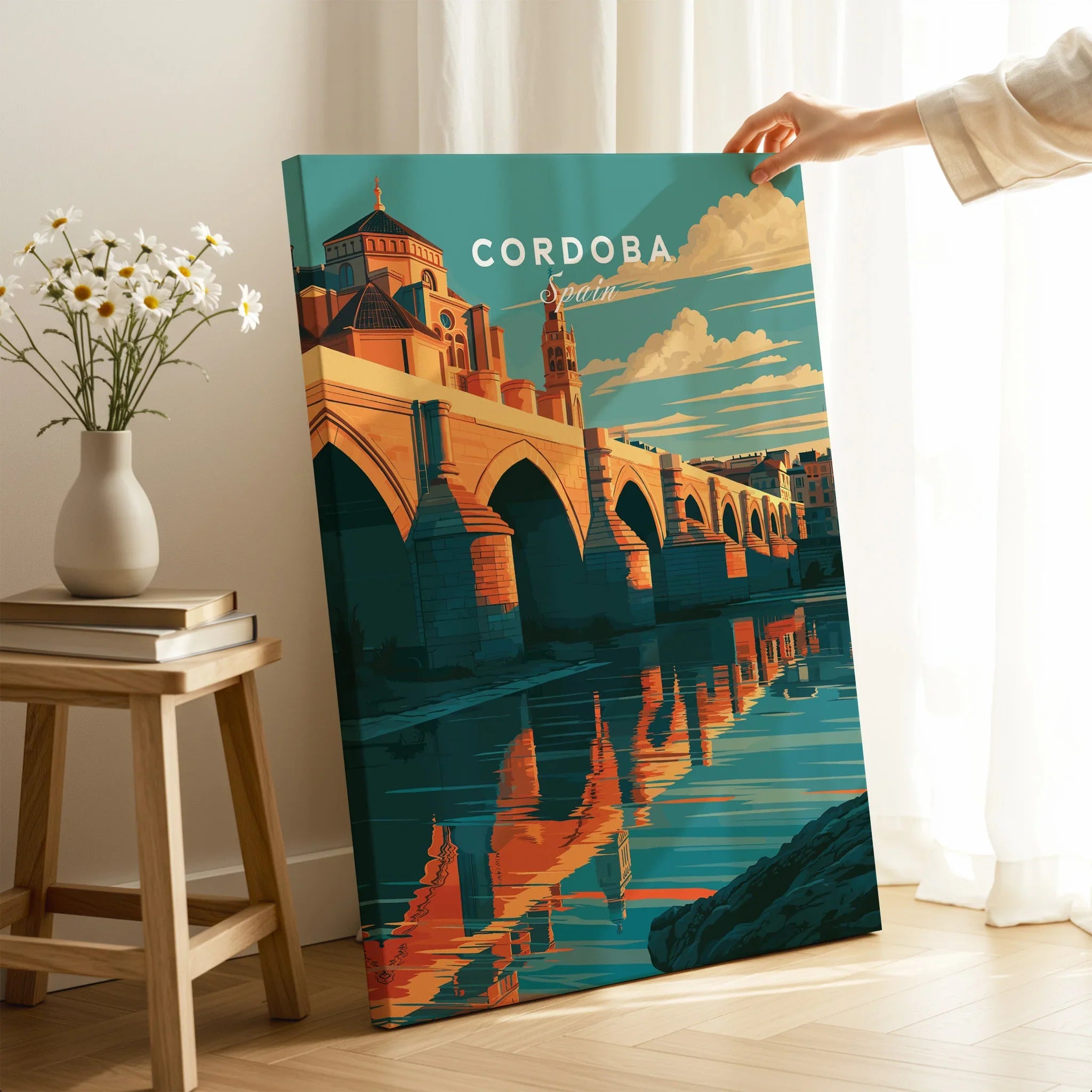 Cordoba Spain Roman Bridge Travel Poster — canvas print mirror edge hand holding room setting
