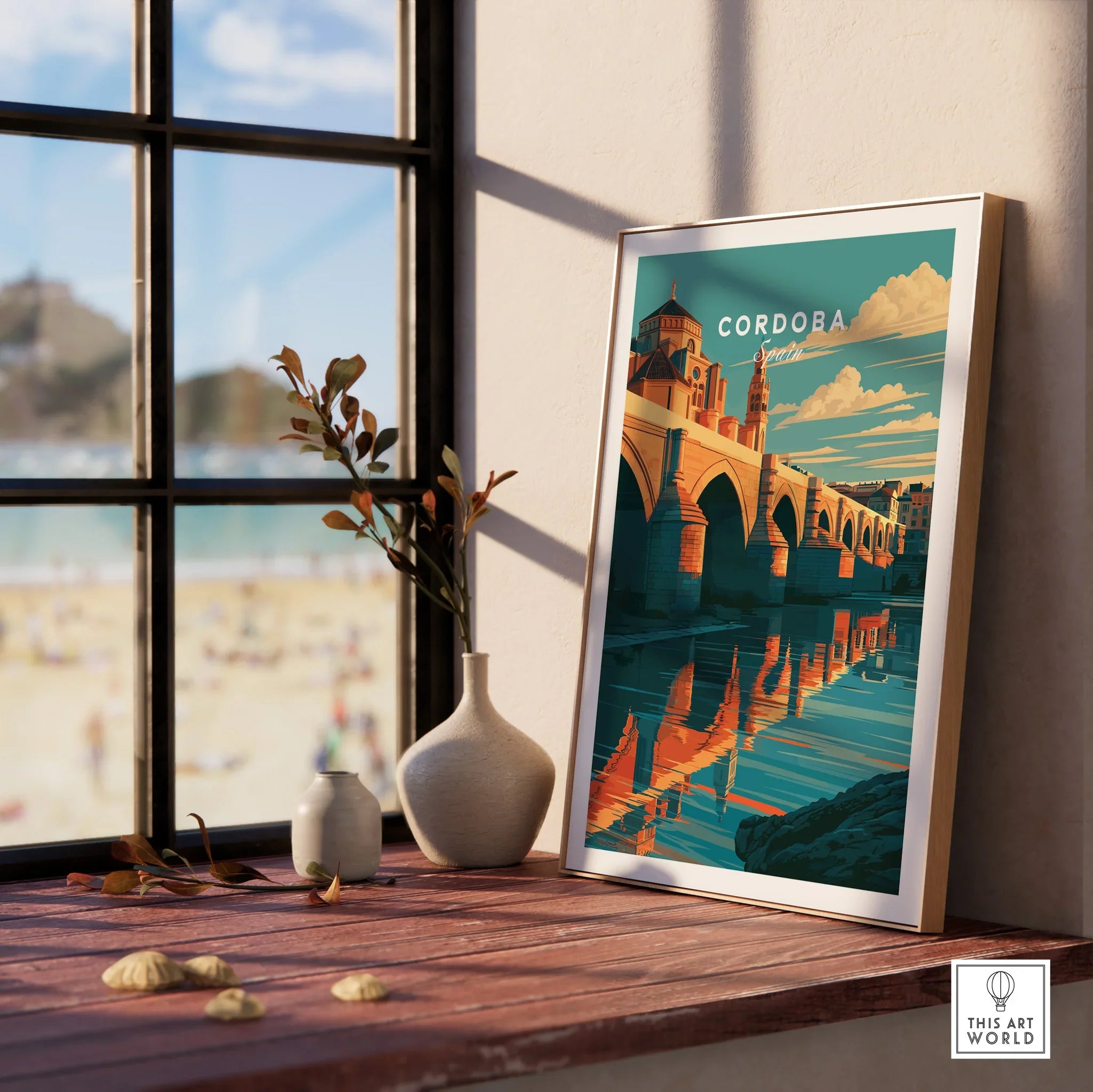 Cordoba Spain Roman Bridge Travel Poster — framed print window view natural wood frame