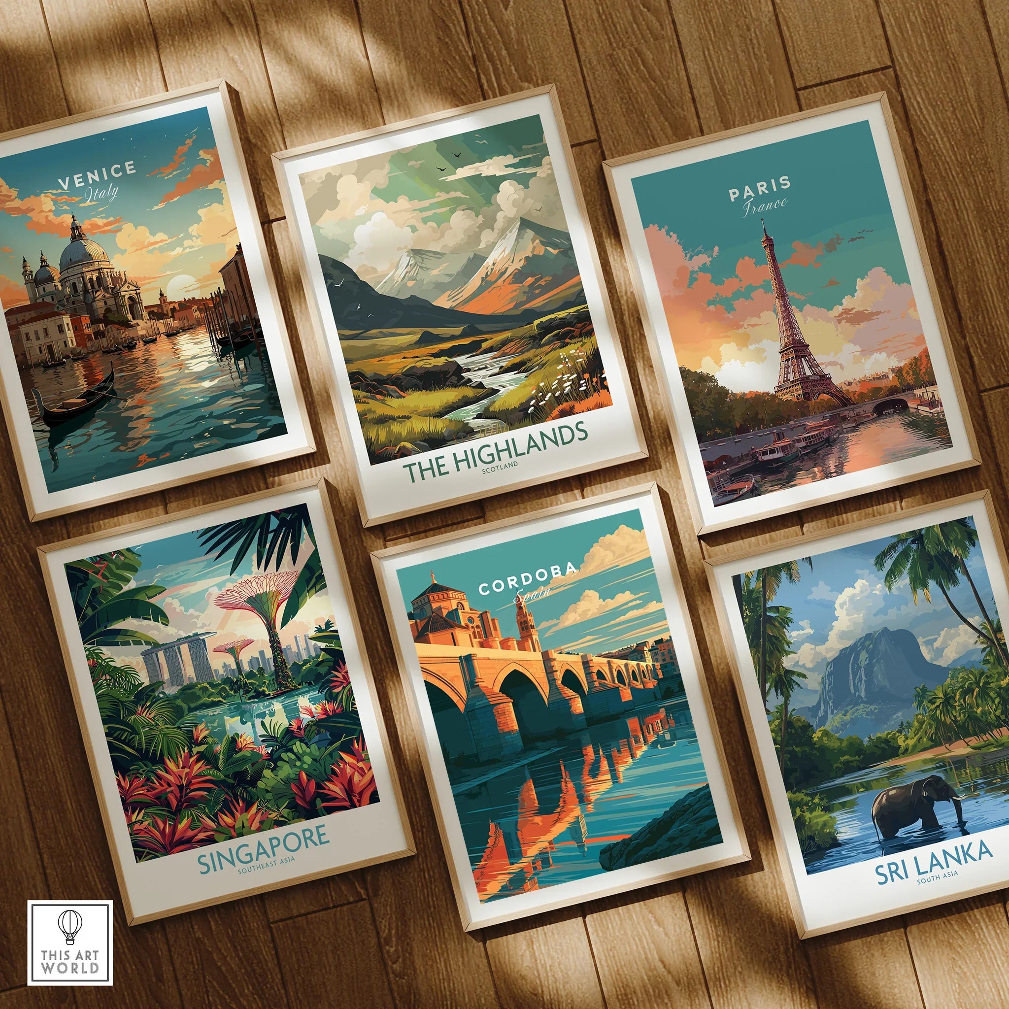 Cordoba Spain Roman Bridge Travel Poster — set six framed art prints wooden floor natural wood frames