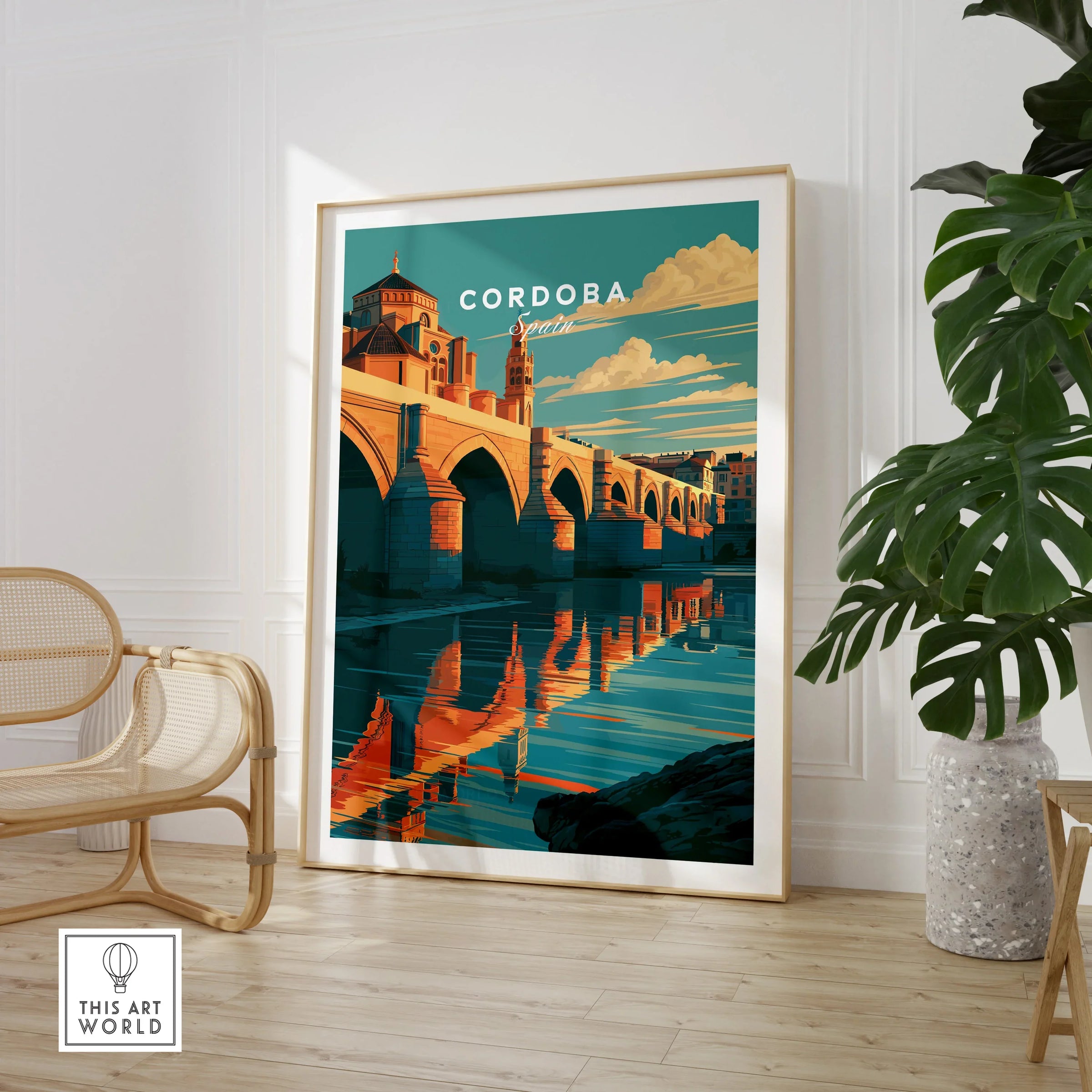 Cordoba Spain Roman Bridge Travel Poster — large framed print room setting chair plant