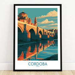 Cordoba Spain Roman Bridge Wall Art — art print in black frame on wooden floor
